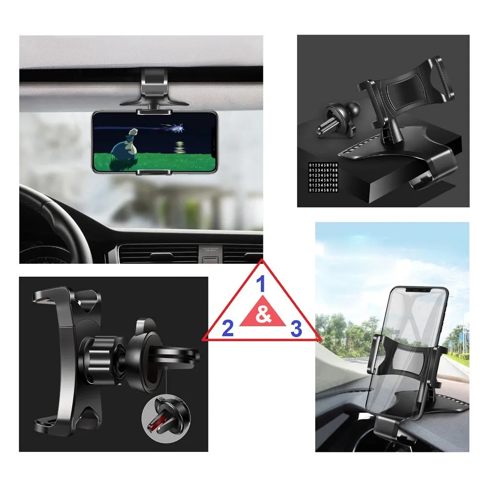 3 in 1 Car GPS Smartphone Holder: Dashboard / Visor Clamp   AC Grid Clip for BLU Studio J5 - Black