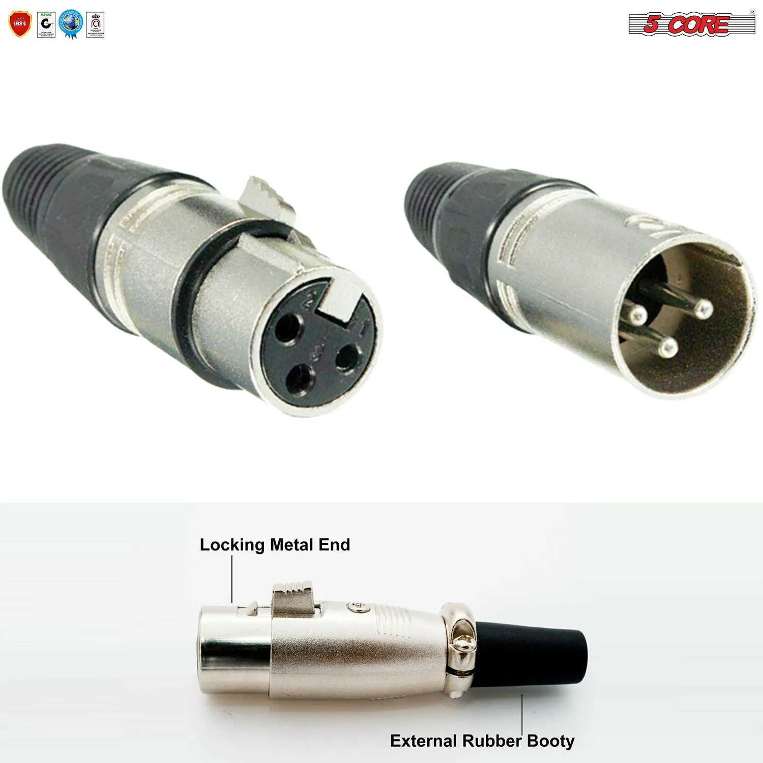 5 Core 3 Pin XLR Male Female Microphone Audio Cable Connector 2 pieces
