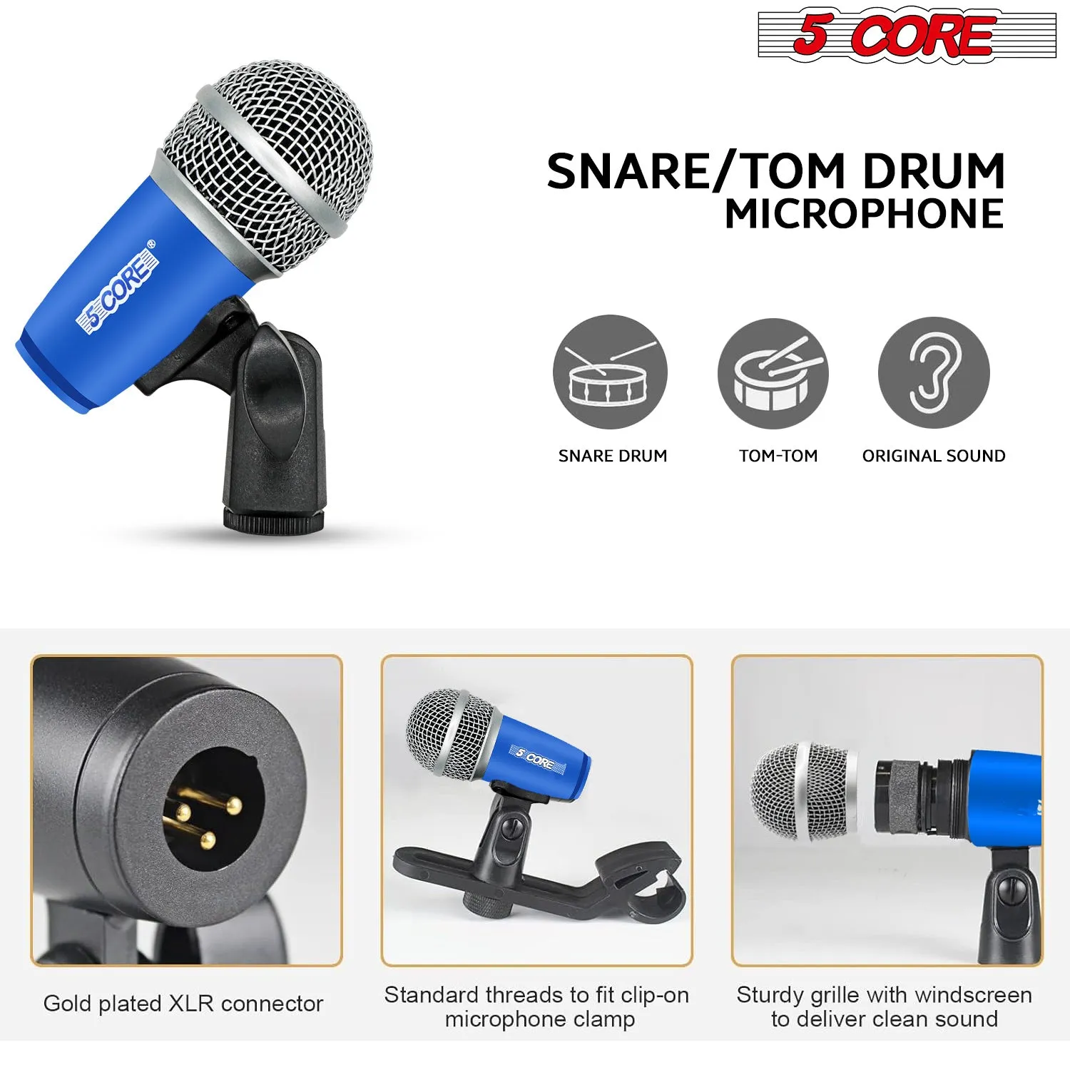 5 Core Drum Microphone Kit 9 Piece Full Metal Dynamic Wired Drums Mic Set for Drummers w Kick Bass Tom Snare   Carrying Silver Case Sponge Thread Holder for Vocal & Other Instrument - DM 9RND