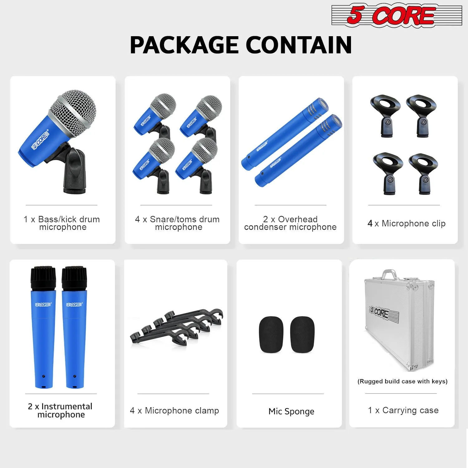 5 Core Drum Microphone Kit 9 Piece Full Metal Dynamic Wired Drums Mic Set for Drummers w Kick Bass Tom Snare   Carrying Silver Case Sponge Thread Holder for Vocal & Other Instrument - DM 9RND