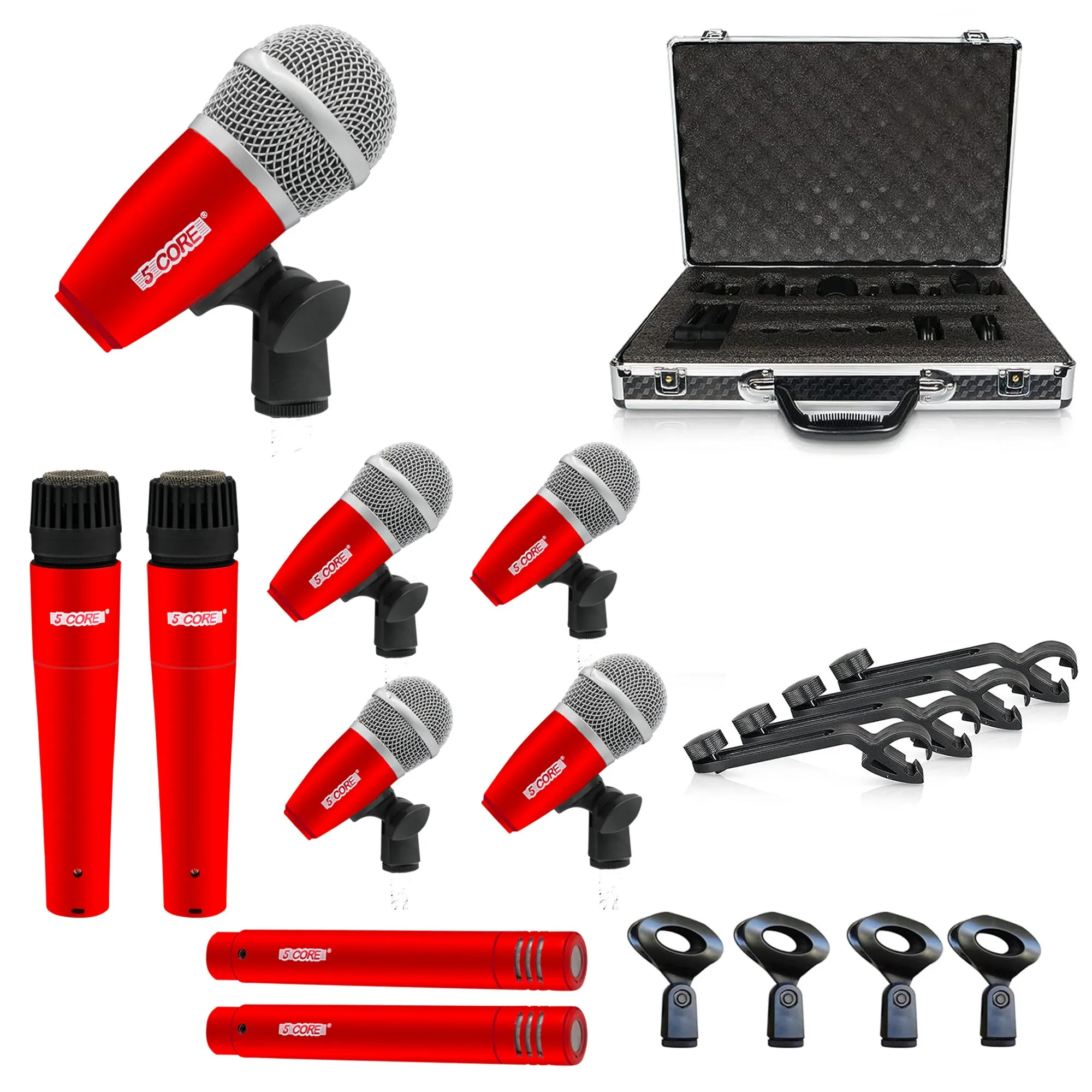 5 Core Drum Microphone Kit 9 Piece Full Metal Dynamic Wired Drums Mic Set for Drummers w Kick Bass Tom Snare   Carrying Silver Case Sponge Thread Holder for Vocal & Other Instrument - DM 9RND