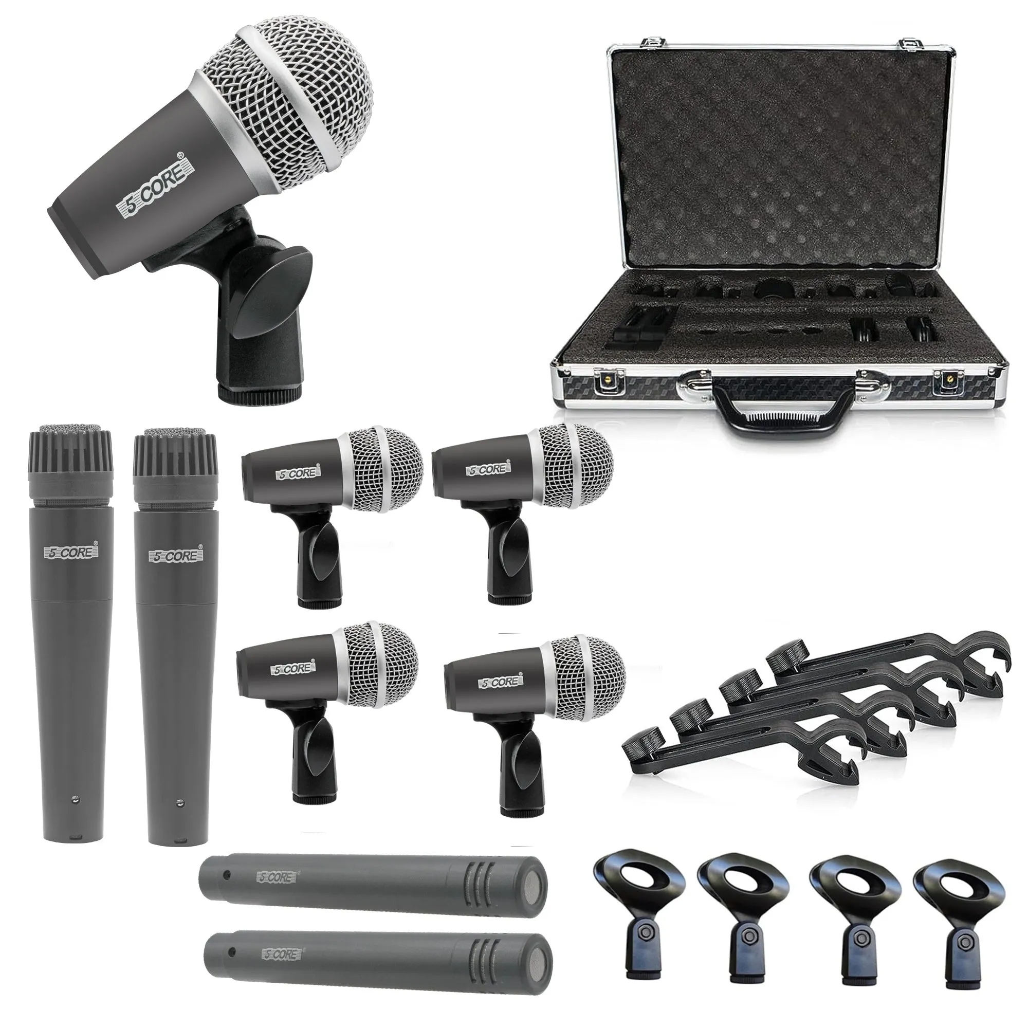 5 Core Drum Microphone Kit 9 Piece Full Metal Dynamic Wired Drums Mic Set for Drummers w Kick Bass Tom Snare   Carrying Silver Case Sponge Thread Holder for Vocal & Other Instrument - DM 9RND