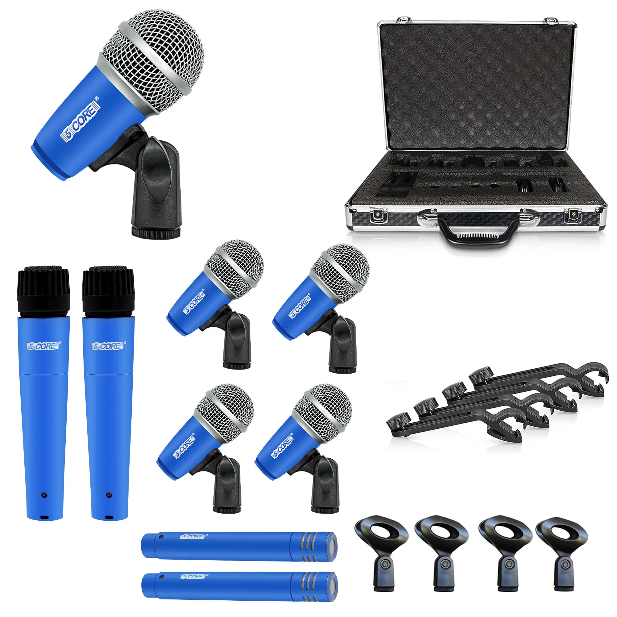 5 Core Drum Microphone Kit 9 Piece Full Metal Dynamic Wired Drums Mic Set for Drummers w Kick Bass Tom Snare   Carrying Silver Case Sponge Thread Holder for Vocal & Other Instrument - DM 9RND