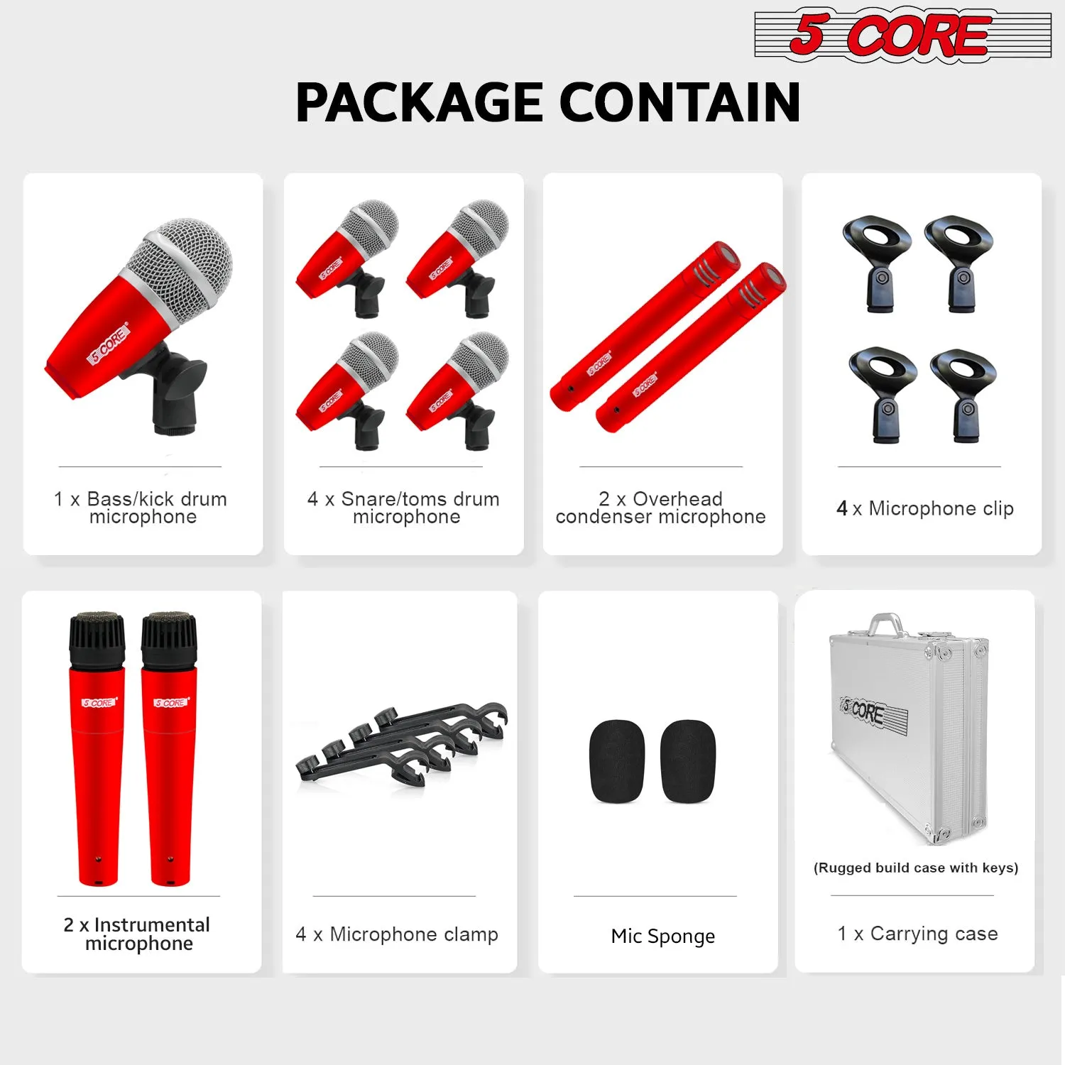 5 Core Drum Microphone Kit 9 Piece Full Metal Dynamic Wired Drums Mic Set for Drummers w Kick Bass Tom Snare   Carrying Silver Case Sponge Thread Holder for Vocal & Other Instrument - DM 9RND