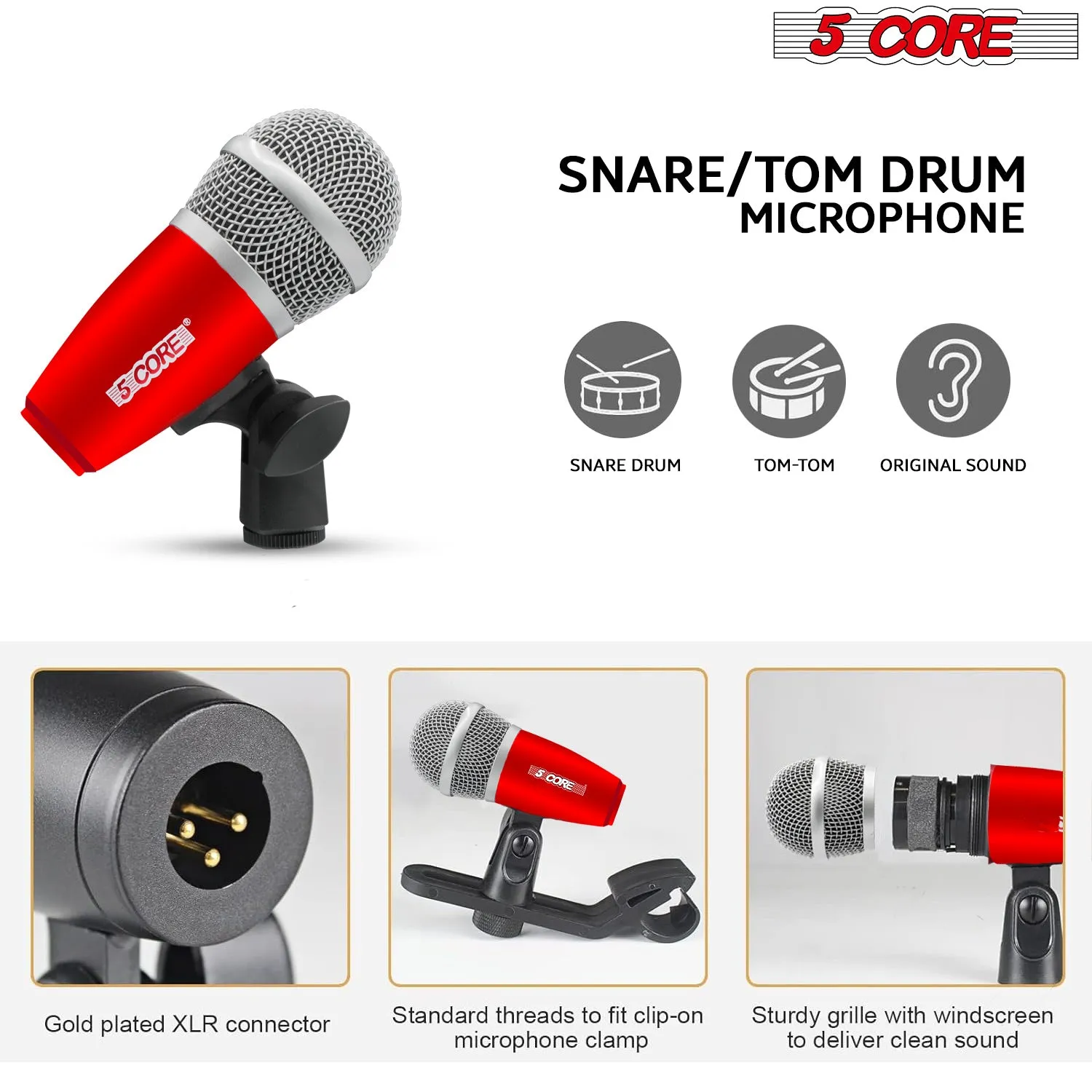 5 Core Drum Microphone Kit 9 Piece Full Metal Dynamic Wired Drums Mic Set for Drummers w Kick Bass Tom Snare   Carrying Silver Case Sponge Thread Holder for Vocal & Other Instrument - DM 9RND