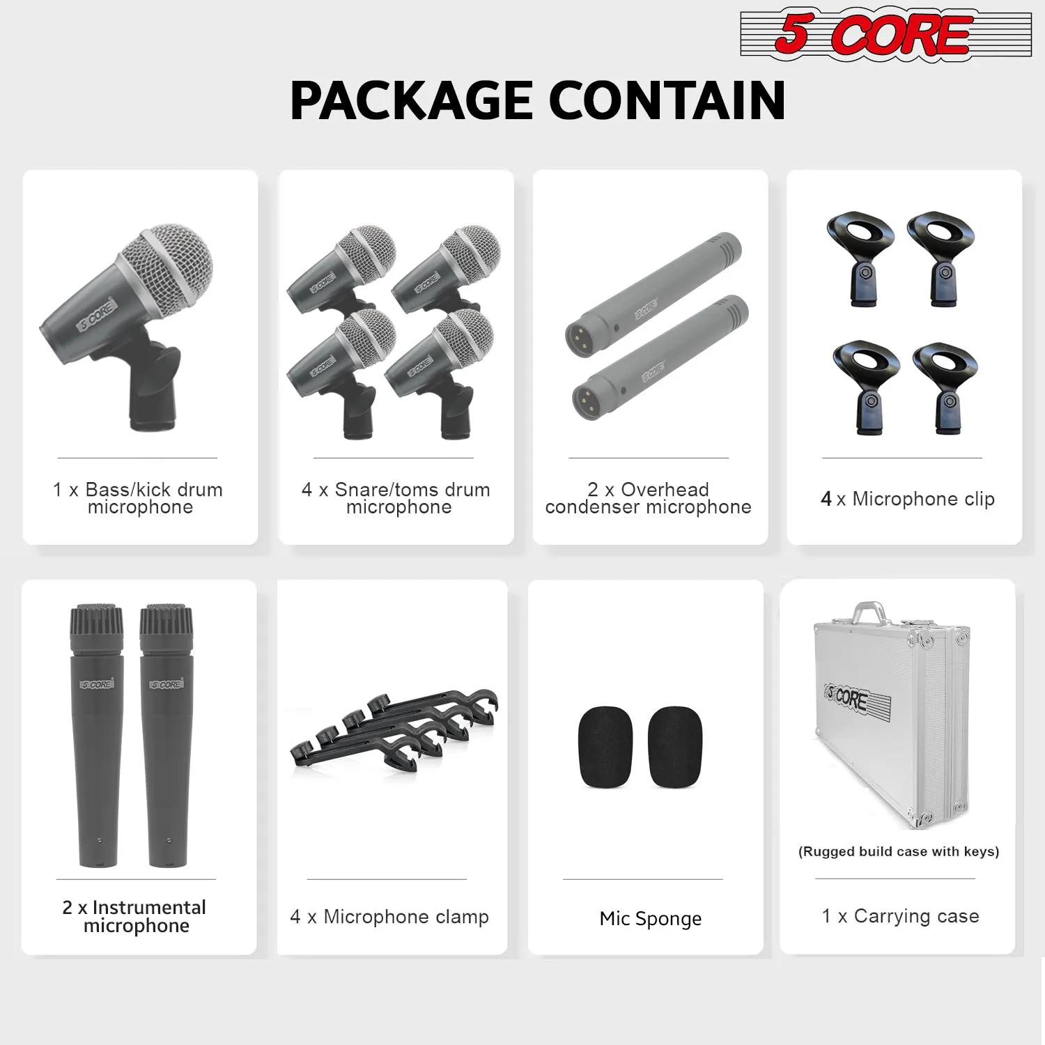 5 Core Drum Microphone Kit 9 Piece Full Metal Dynamic Wired Drums Mic Set for Drummers w Kick Bass Tom Snare   Carrying Silver Case Sponge Thread Holder for Vocal & Other Instrument - DM 9RND