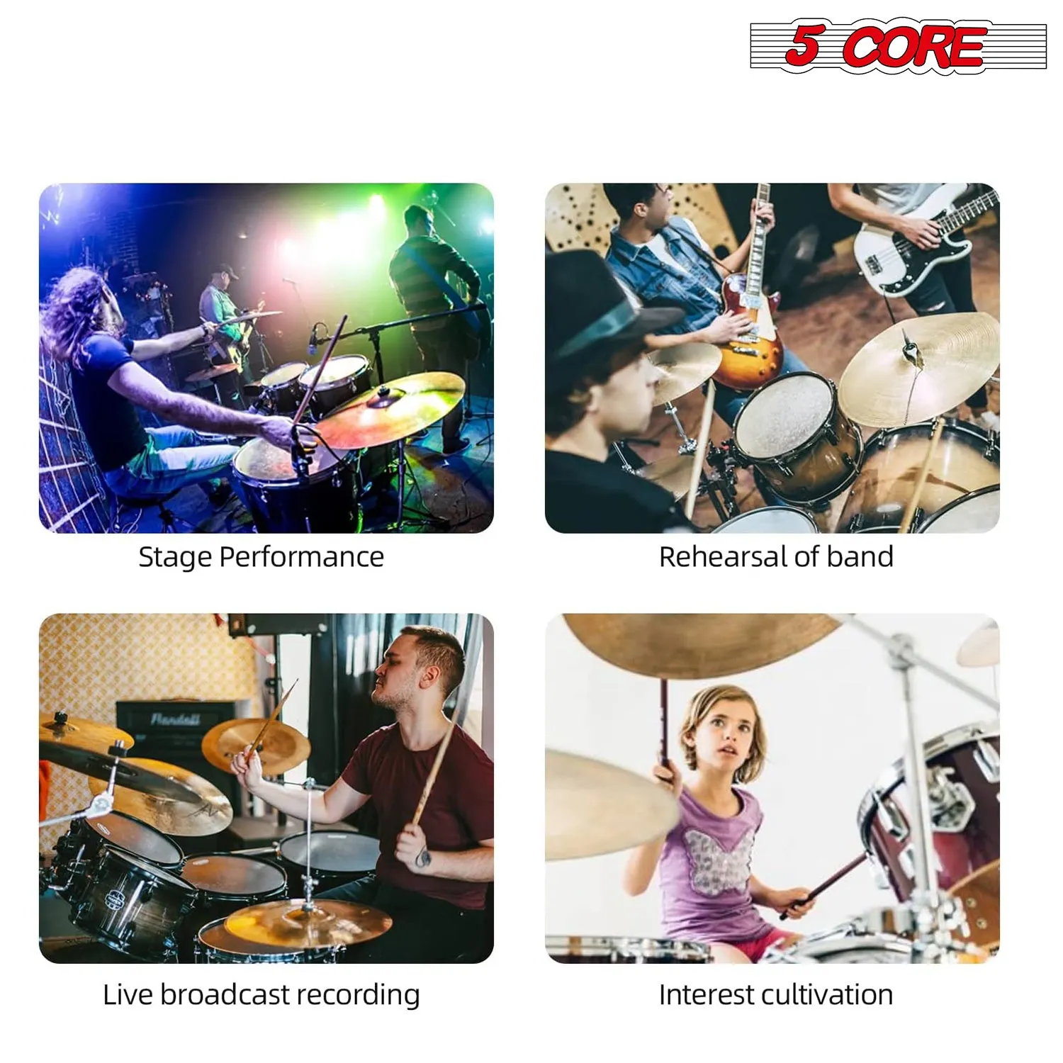 5 Core Drum Microphone Kit 9 Piece Full Metal Dynamic Wired Drums Mic Set for Drummers w Kick Bass Tom Snare   Carrying Silver Case Sponge Thread Holder for Vocal & Other Instrument - DM 9RND