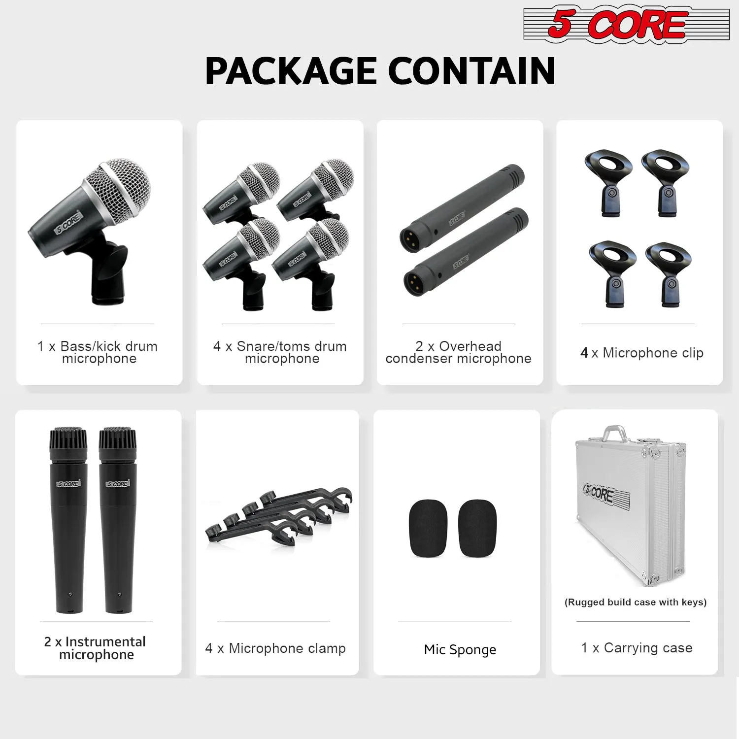5 Core Drum Microphone Kit 9 Piece Full Metal Dynamic Wired Drums Mic Set for Drummers w Kick Bass Tom Snare   Carrying Silver Case Sponge Thread Holder for Vocal & Other Instrument - DM 9RND