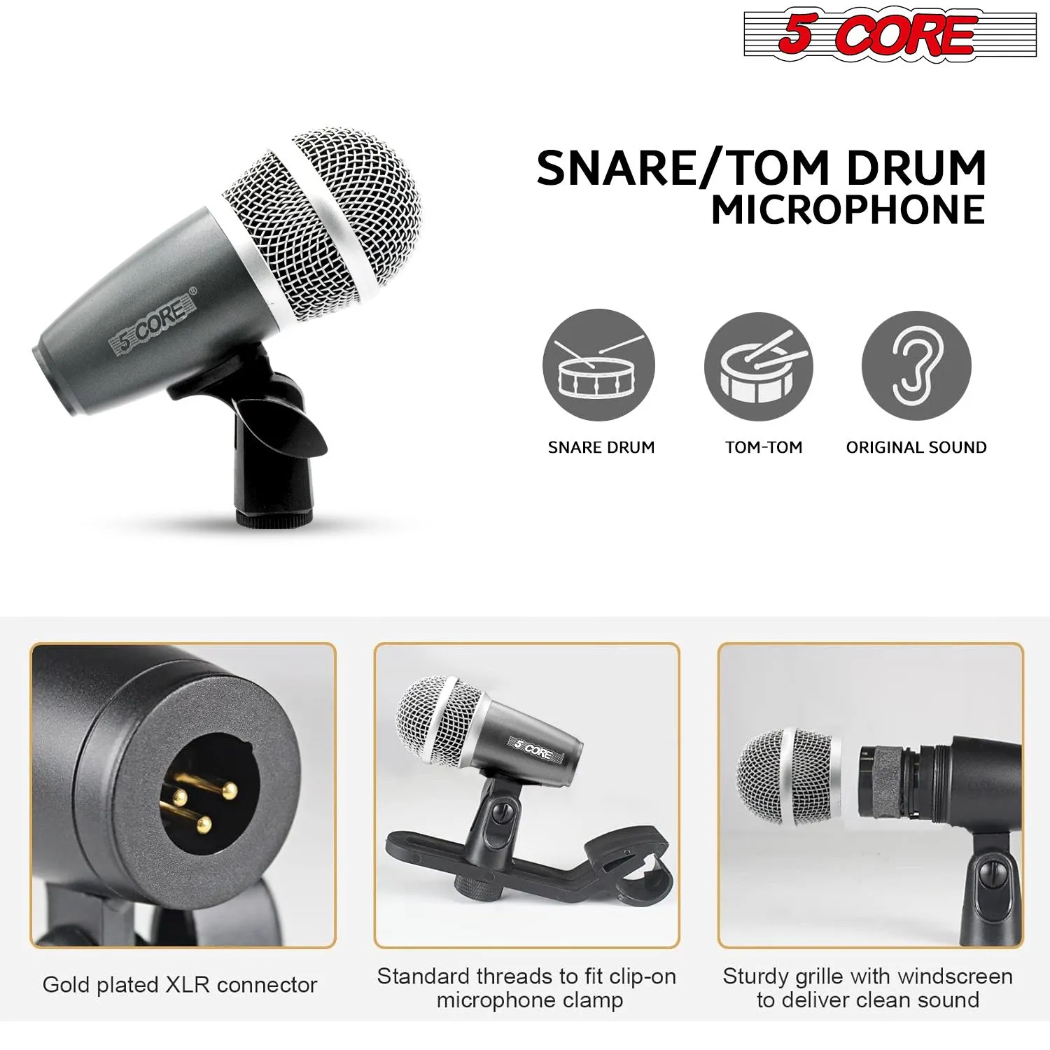 5 Core Drum Microphone Kit 9 Piece Full Metal Dynamic Wired Drums Mic Set for Drummers w Kick Bass Tom Snare   Carrying Silver Case Sponge Thread Holder for Vocal & Other Instrument - DM 9RND