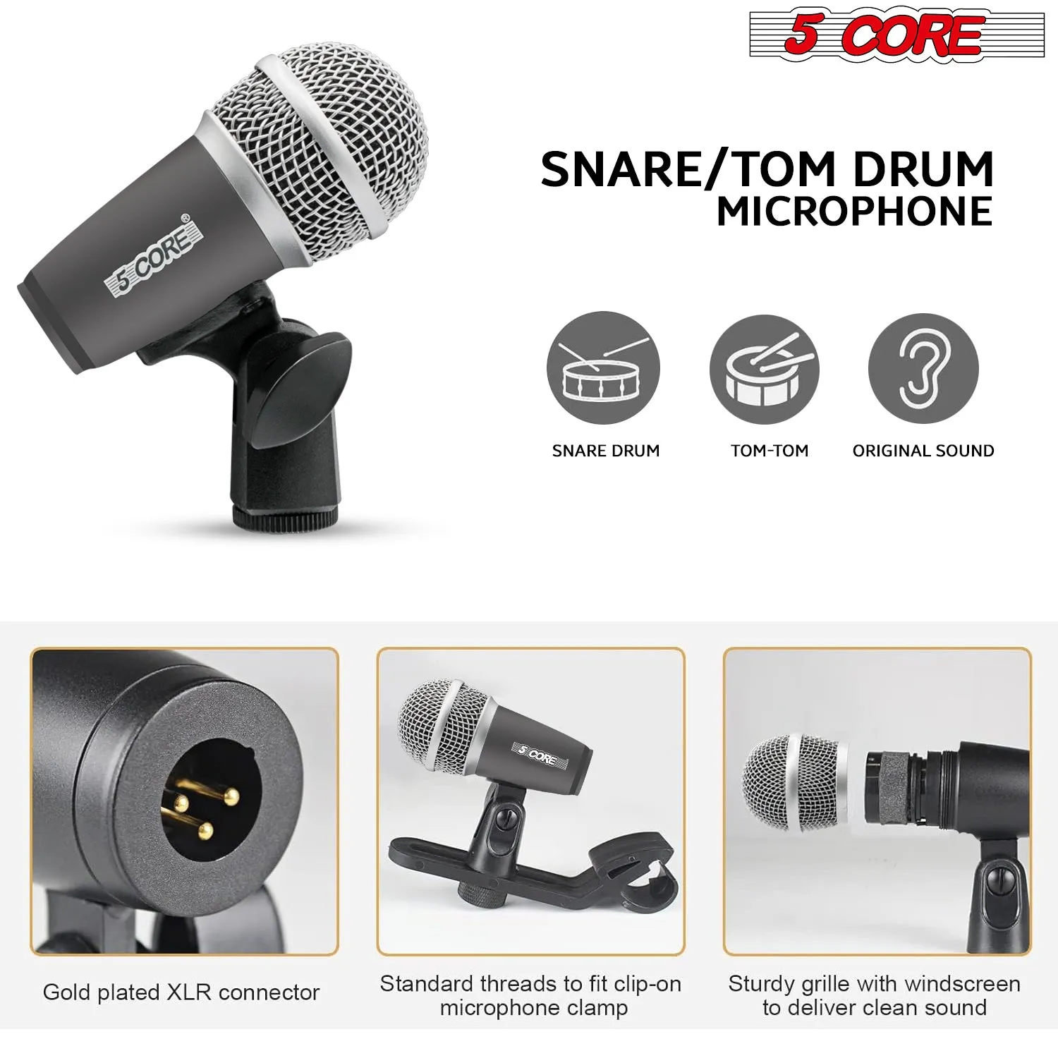 5 Core Drum Microphone Kit 9 Piece Full Metal Dynamic Wired Drums Mic Set for Drummers w Kick Bass Tom Snare   Carrying Silver Case Sponge Thread Holder for Vocal & Other Instrument - DM 9RND