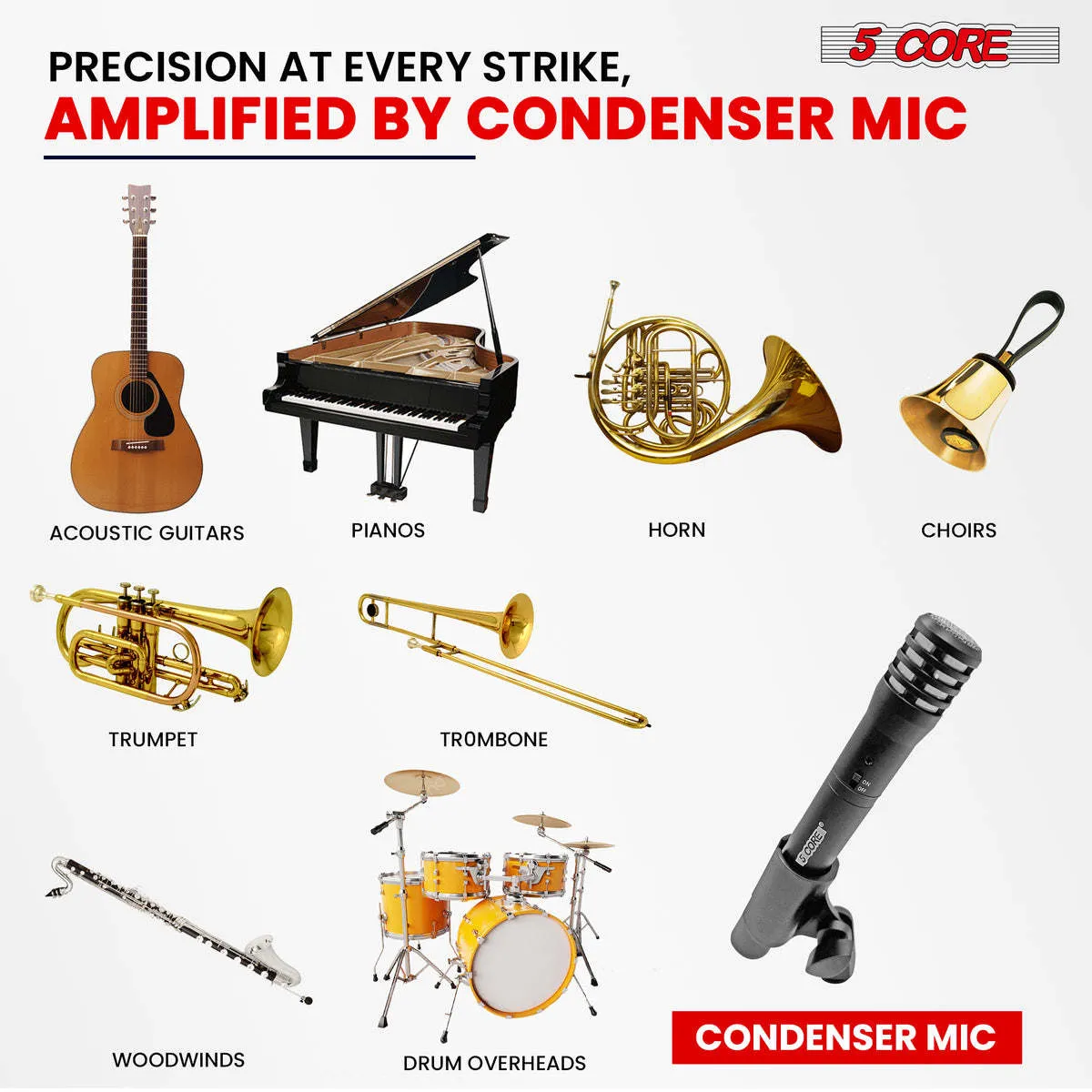 5 Core Instrument Microphone Cardioid Uni Directional Pickup • for Live Performances and Recording - INSTRU MIC 100 BLK