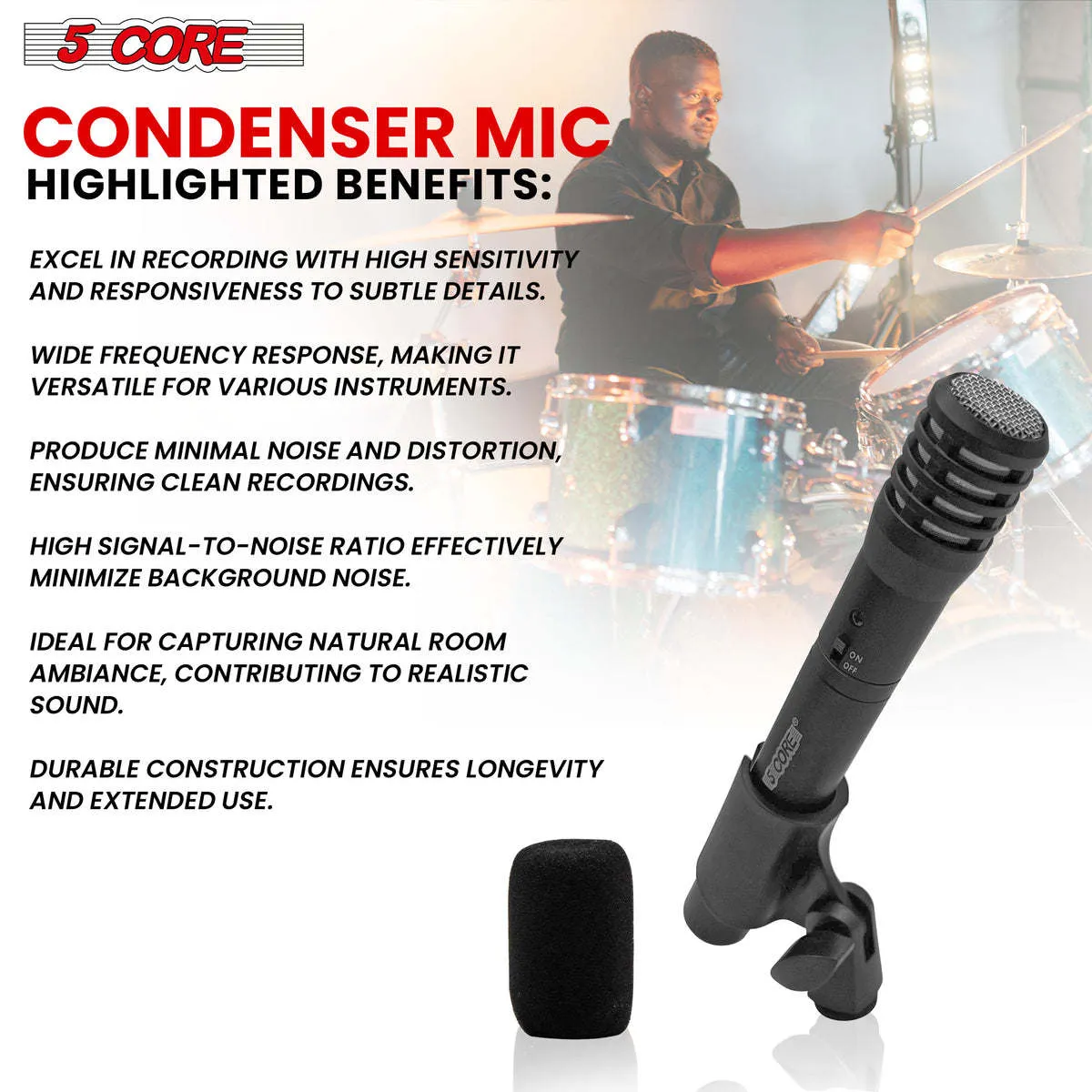 5 Core Instrument Microphone Cardioid Uni Directional Pickup • for Live Performances and Recording - INSTRU MIC 100 BLK