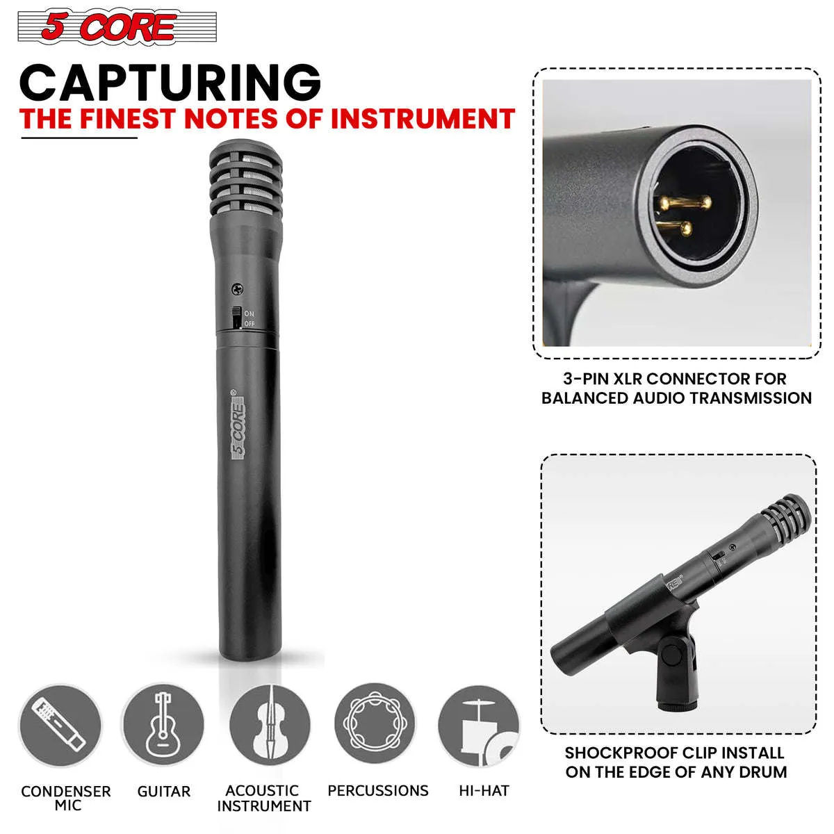 5 Core Instrument Microphone Cardioid Uni Directional Pickup • for Live Performances and Recording - INSTRU MIC 100 BLK