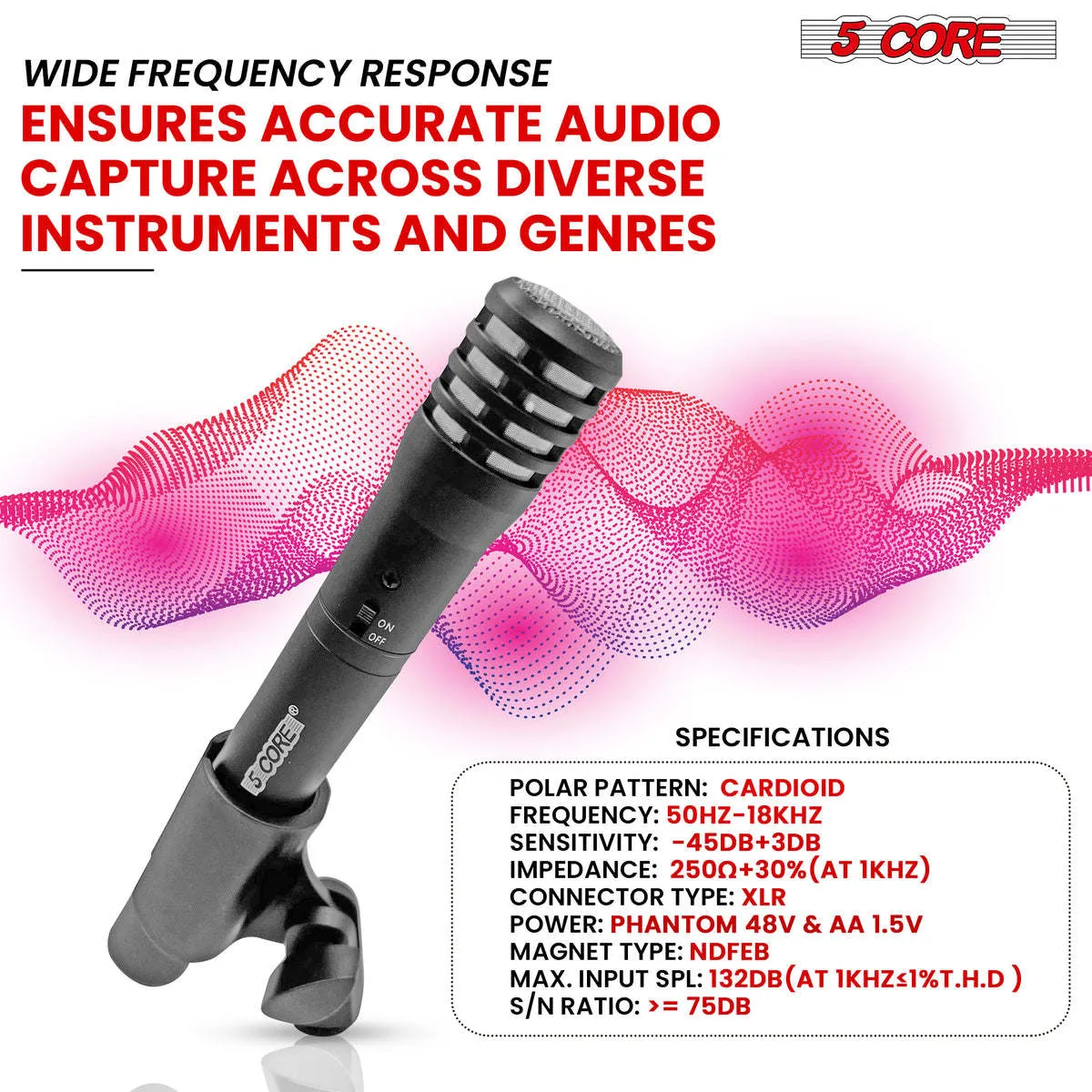 5 Core Instrument Microphone Cardioid Uni Directional Pickup • for Live Performances and Recording - INSTRU MIC 100 BLK
