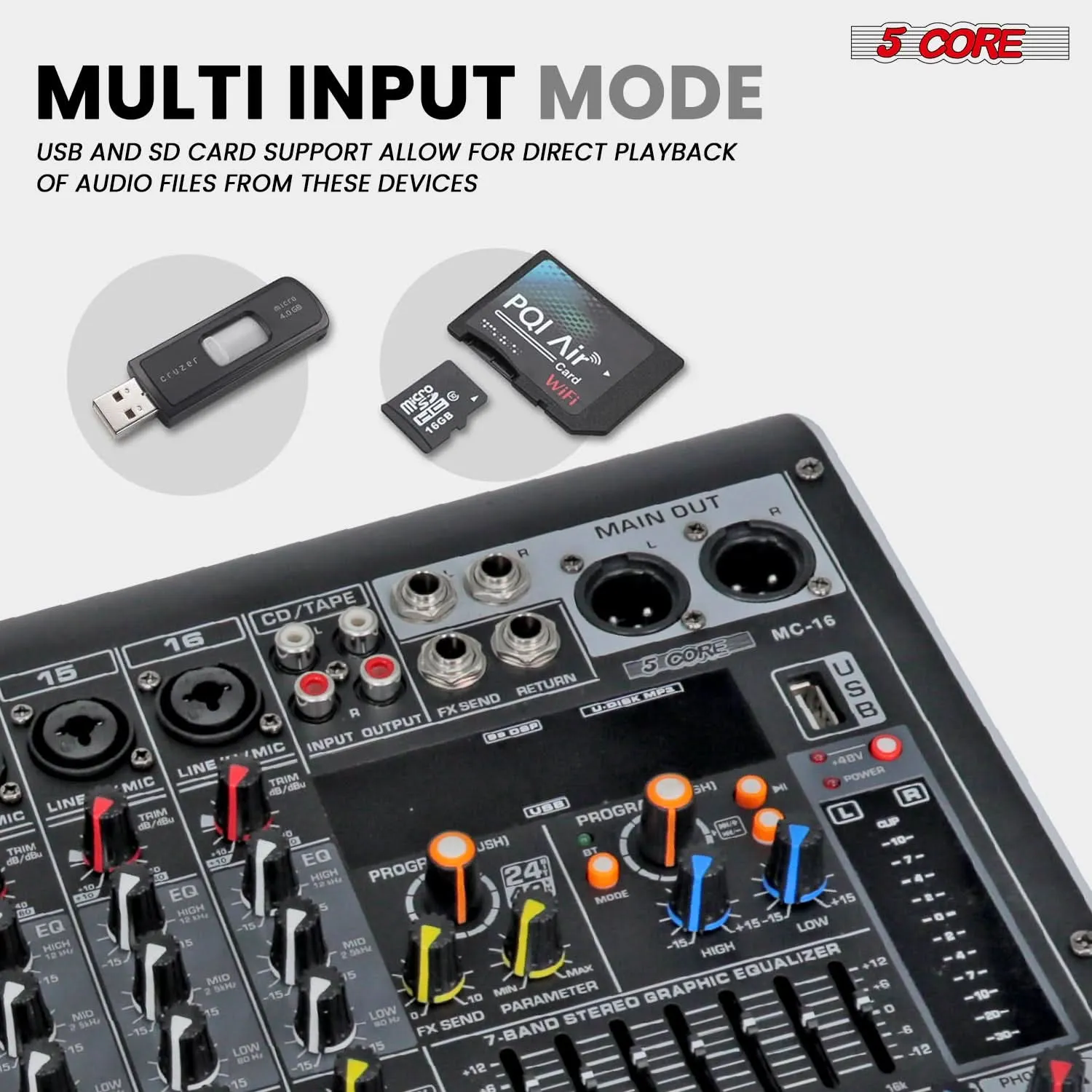 5Core Audio Mixer 16 Channel DJ Mixing Board Bluetooth USB Analog Professional Mezclador De Audio