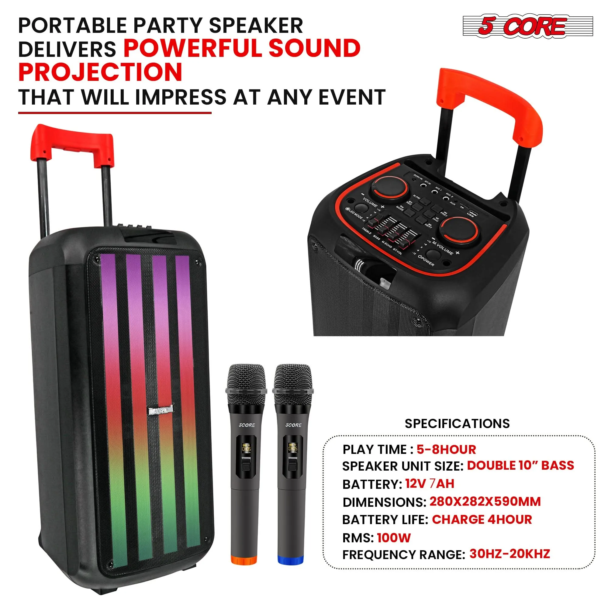 5Core Bluetooth Party Speaker 10 inch PA RGB Partybox Karaoke Machine   2 Wireless Mic