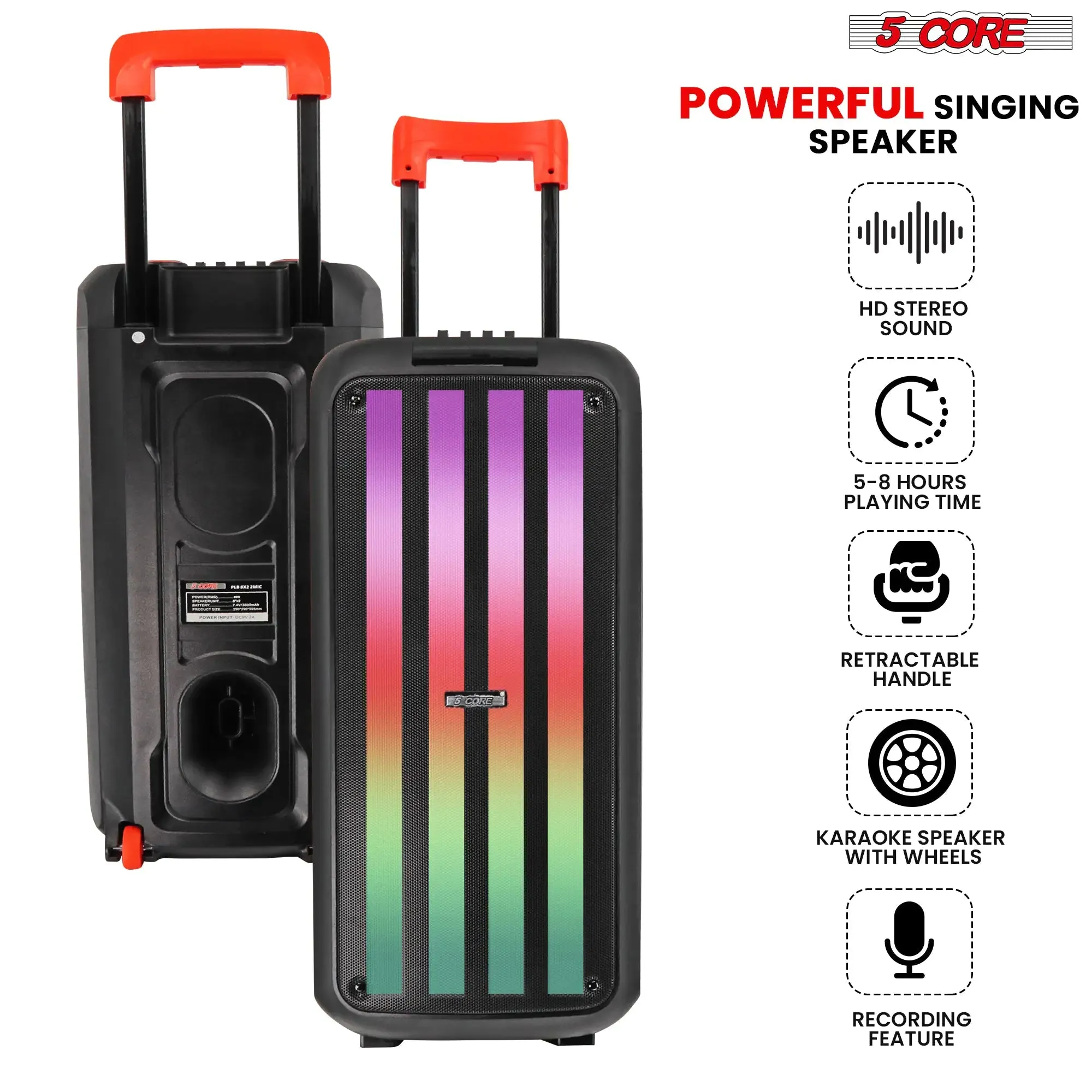 5Core Bluetooth Party Speaker 8 inch PA RGB Partybox Karaoke Machine   2 Wireless Mic