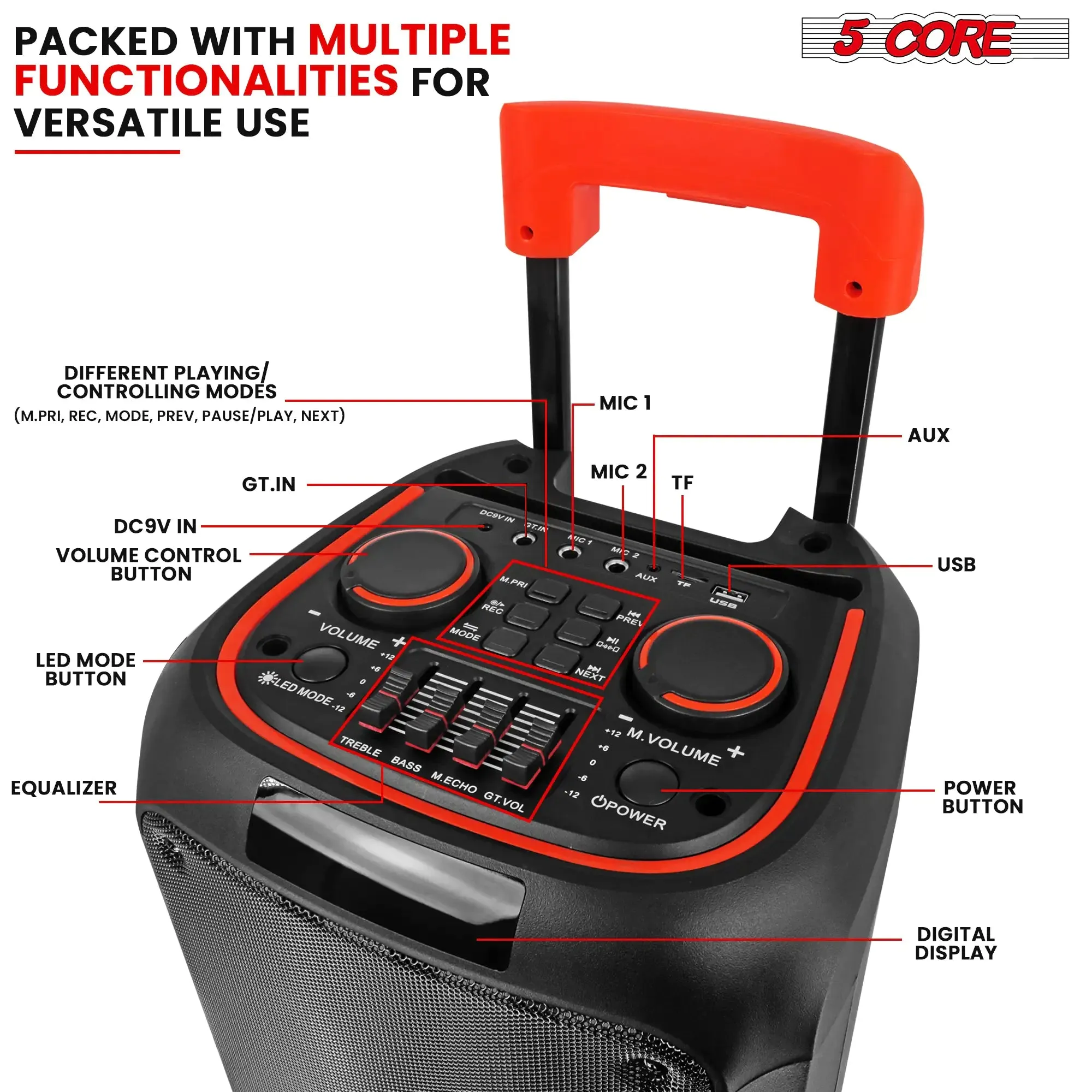5Core Bluetooth Party Speaker 8 inch PA RGB Partybox Karaoke Machine   2 Wireless Mic