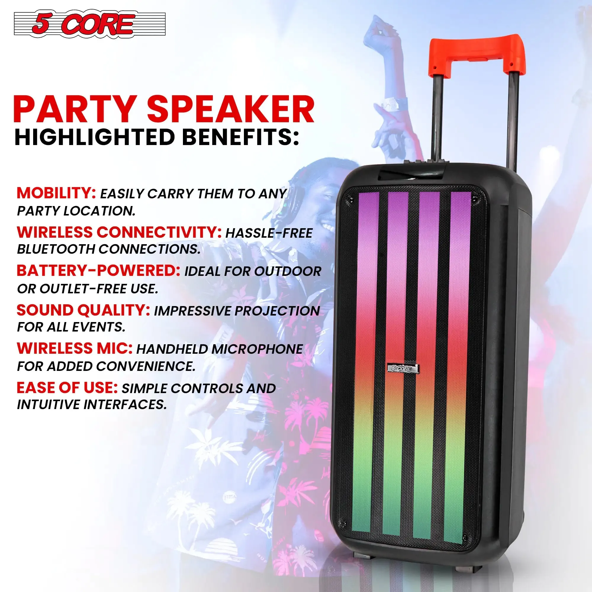 5Core Bluetooth Party Speaker 8 inch PA RGB Partybox Karaoke Machine   2 Wireless Mic