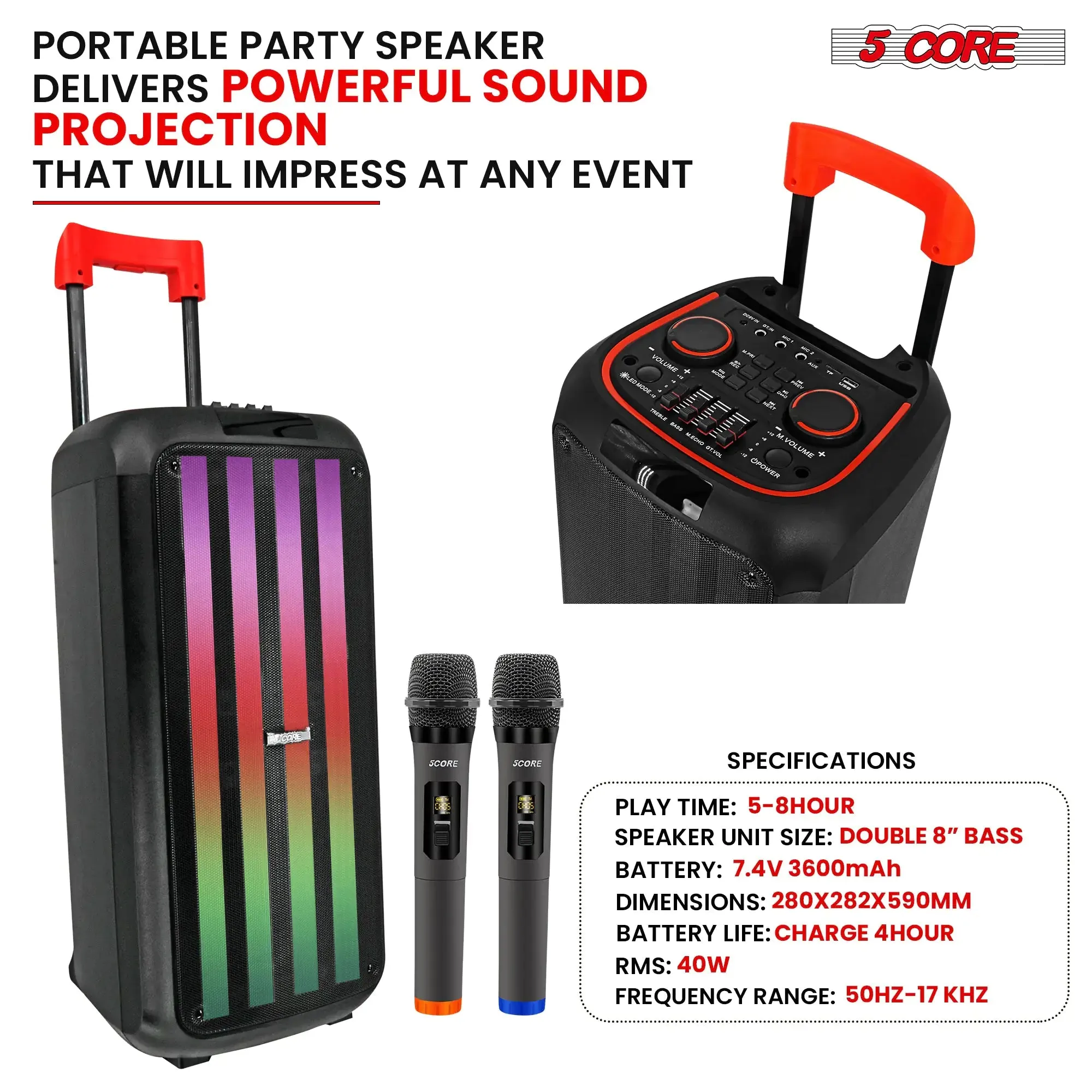 5Core Bluetooth Party Speaker 8 inch PA RGB Partybox Karaoke Machine   2 Wireless Mic