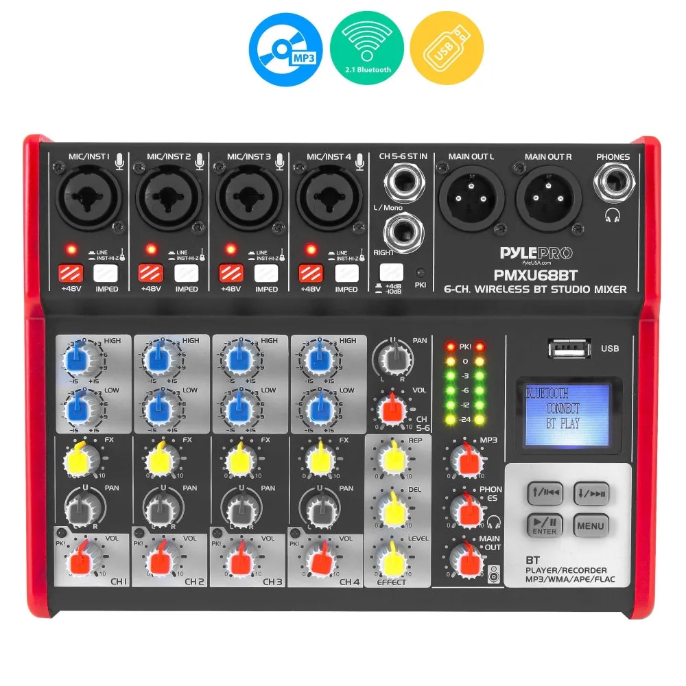 6-Ch. Bluetooth Studio Mixer - Pro Audio Digital Dj Audio Mixer Console ( 48V Phantom Power)
