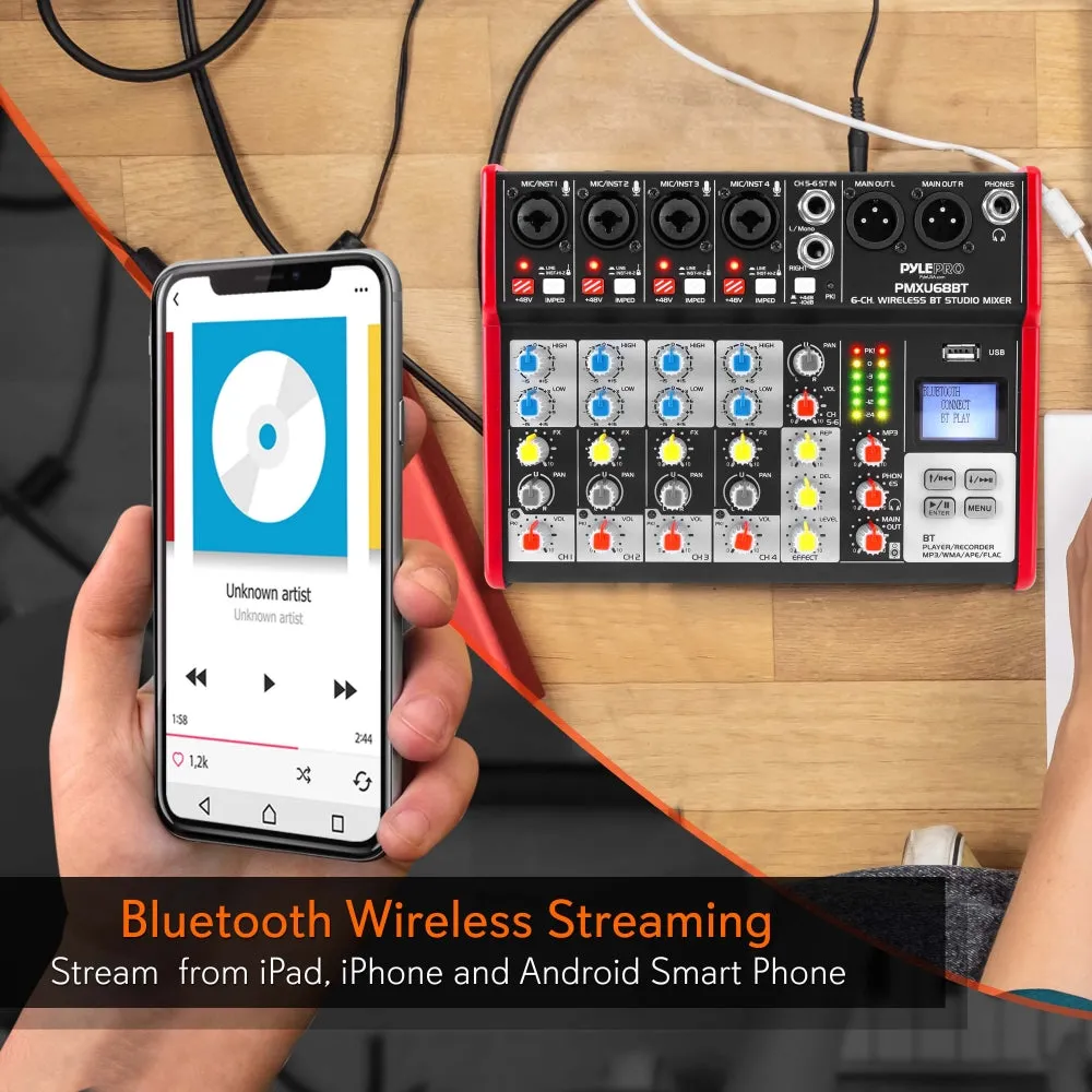 6-Ch. Bluetooth Studio Mixer - Pro Audio Digital Dj Audio Mixer Console ( 48V Phantom Power)