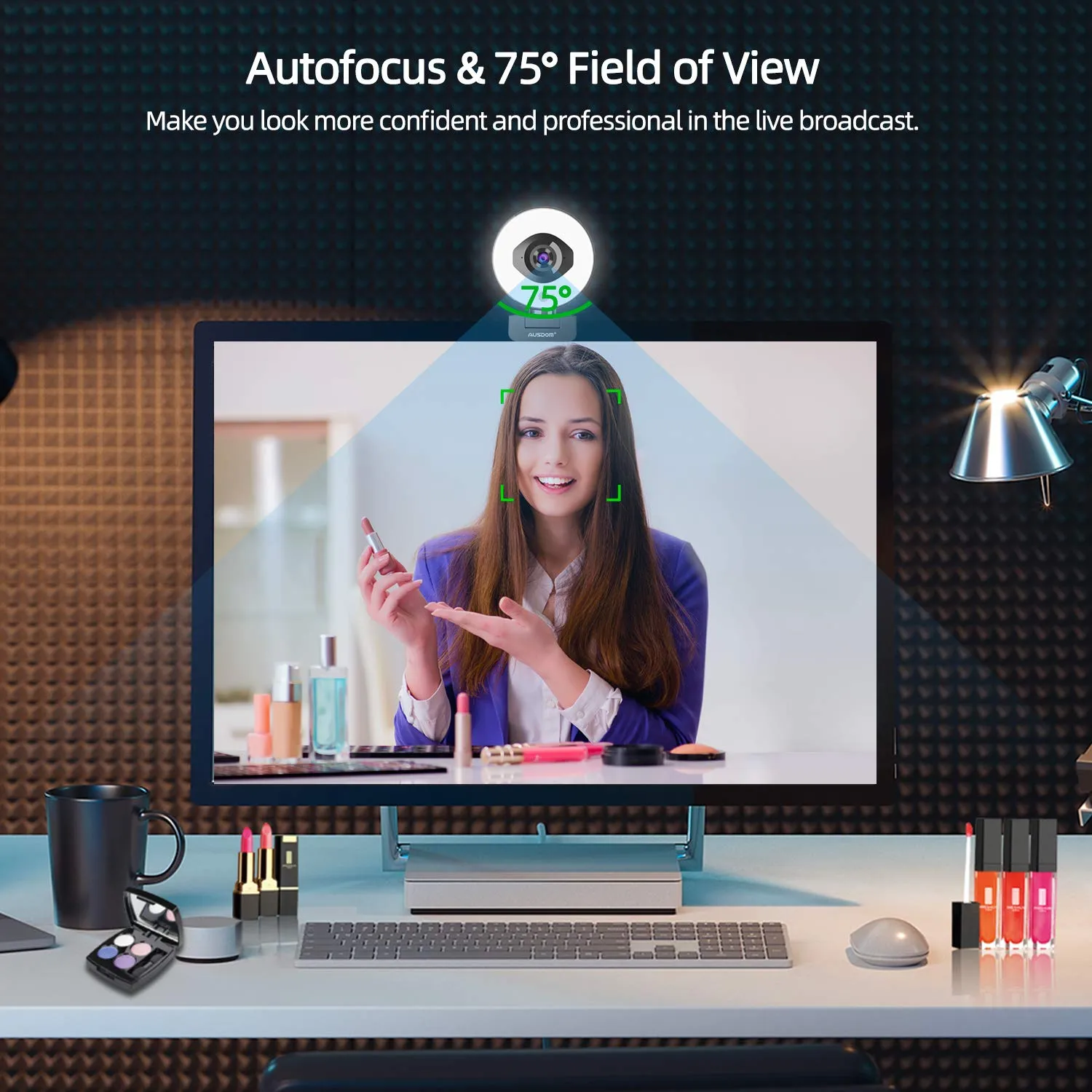 60fps 1080p Streaming Webcam with Ring Light, AUSDOM AF660 StreamCam with 75° Field of View, Fast AutoFocus USB Web Camera, Dual Mics, Tripod for Zoom Meeting Online Classes Twitch Skype Teams