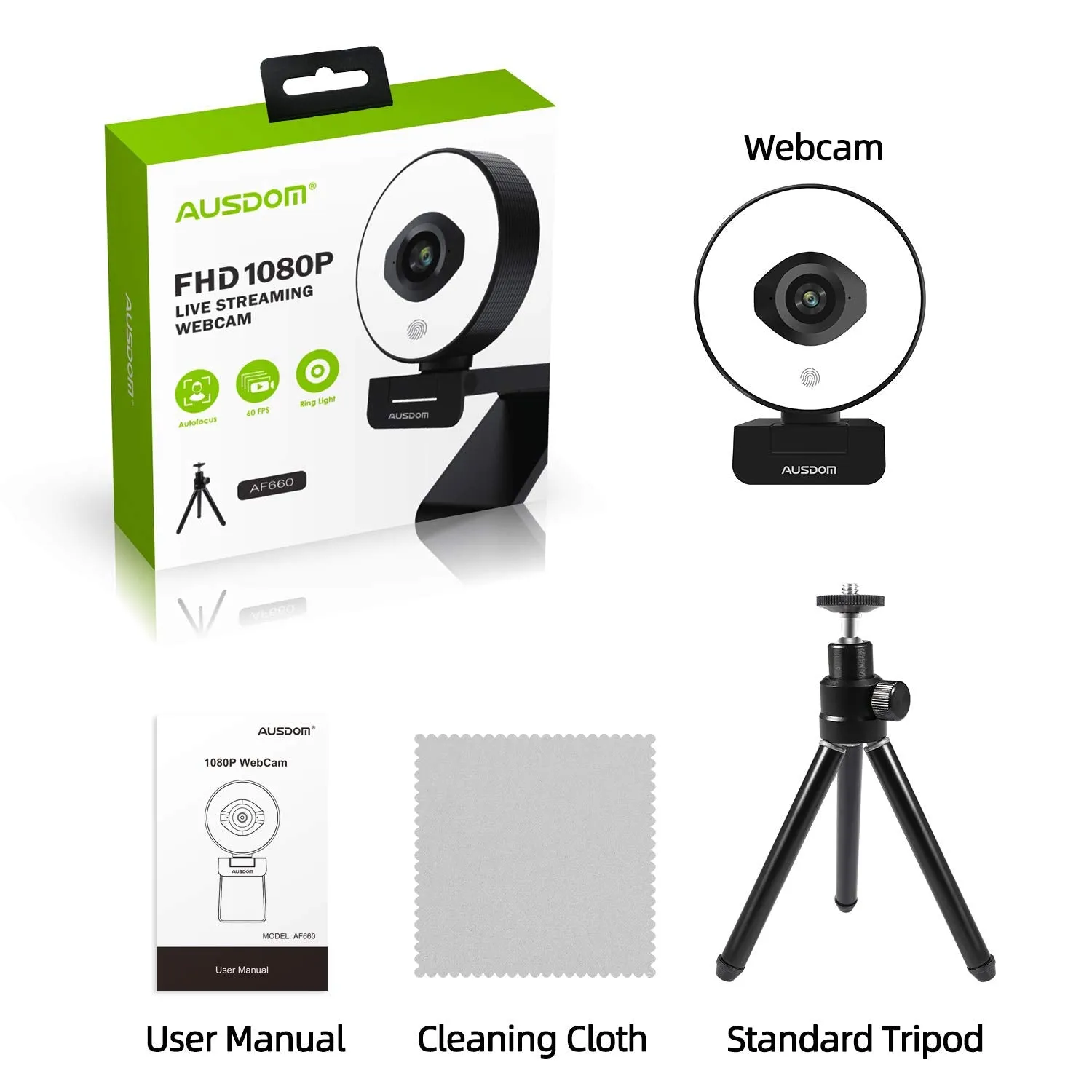 60fps 1080p Streaming Webcam with Ring Light, AUSDOM AF660 StreamCam with 75° Field of View, Fast AutoFocus USB Web Camera, Dual Mics, Tripod for Zoom Meeting Online Classes Twitch Skype Teams