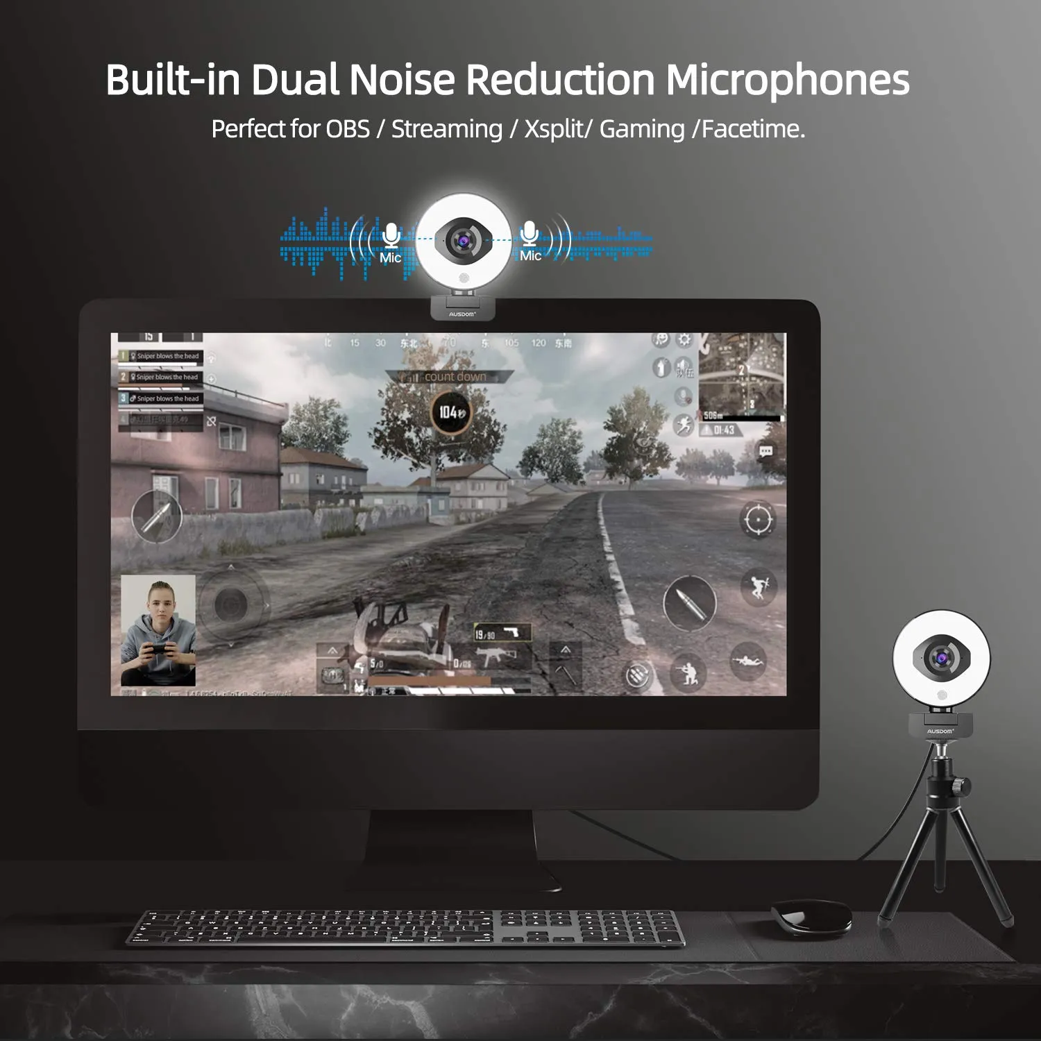 60fps 1080p Streaming Webcam with Ring Light, AUSDOM AF660 StreamCam with 75° Field of View, Fast AutoFocus USB Web Camera, Dual Mics, Tripod for Zoom Meeting Online Classes Twitch Skype Teams