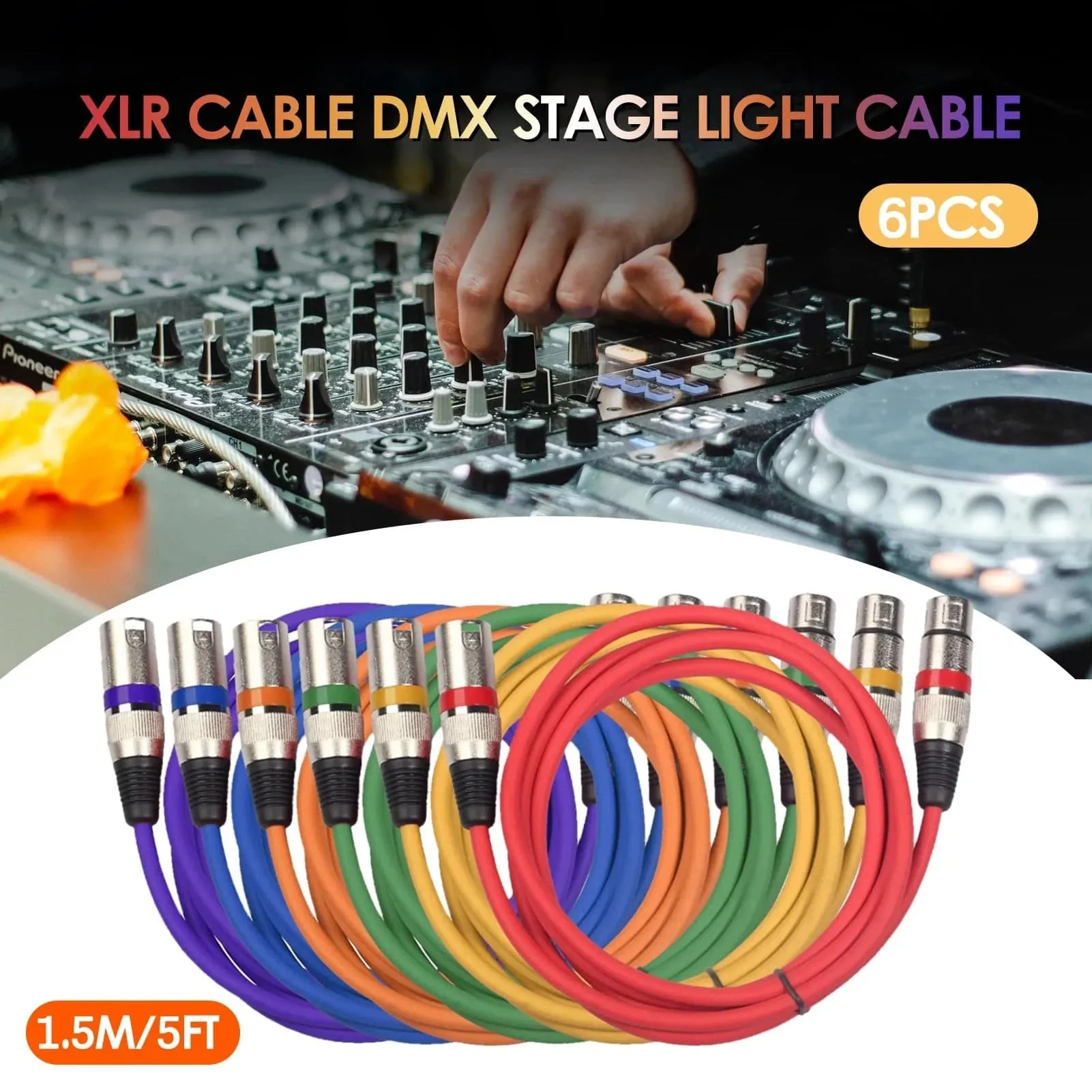 6pcs 1.5M/5ft XLR Cable DMX Stage Light Cable 3-Pin XLR Male to Female Plug Black PVC Jack for Microphone Mixer