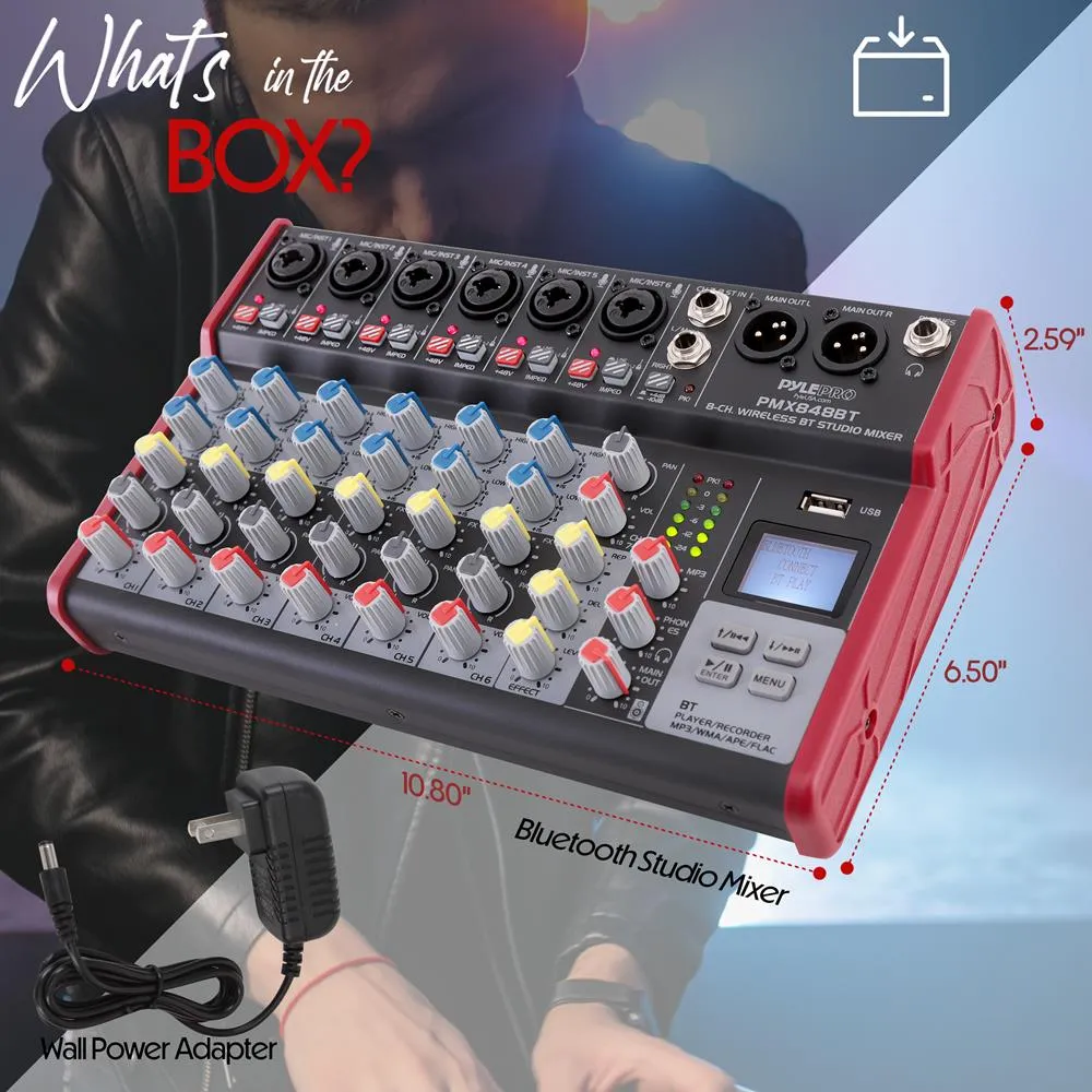 8-Ch. Bluetooth Studio Mixer - Pro Audio Digital Dj Audio Mixer Console ( 48V Phantom Power)