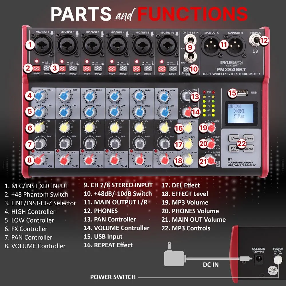 8-Ch. Bluetooth Studio Mixer - Pro Audio Digital Dj Audio Mixer Console ( 48V Phantom Power)