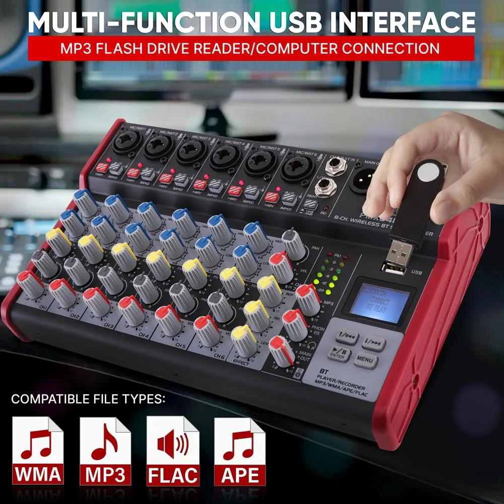 8-Ch. Bluetooth Studio Mixer - Pro Audio Digital Dj Audio Mixer Console ( 48V Phantom Power)