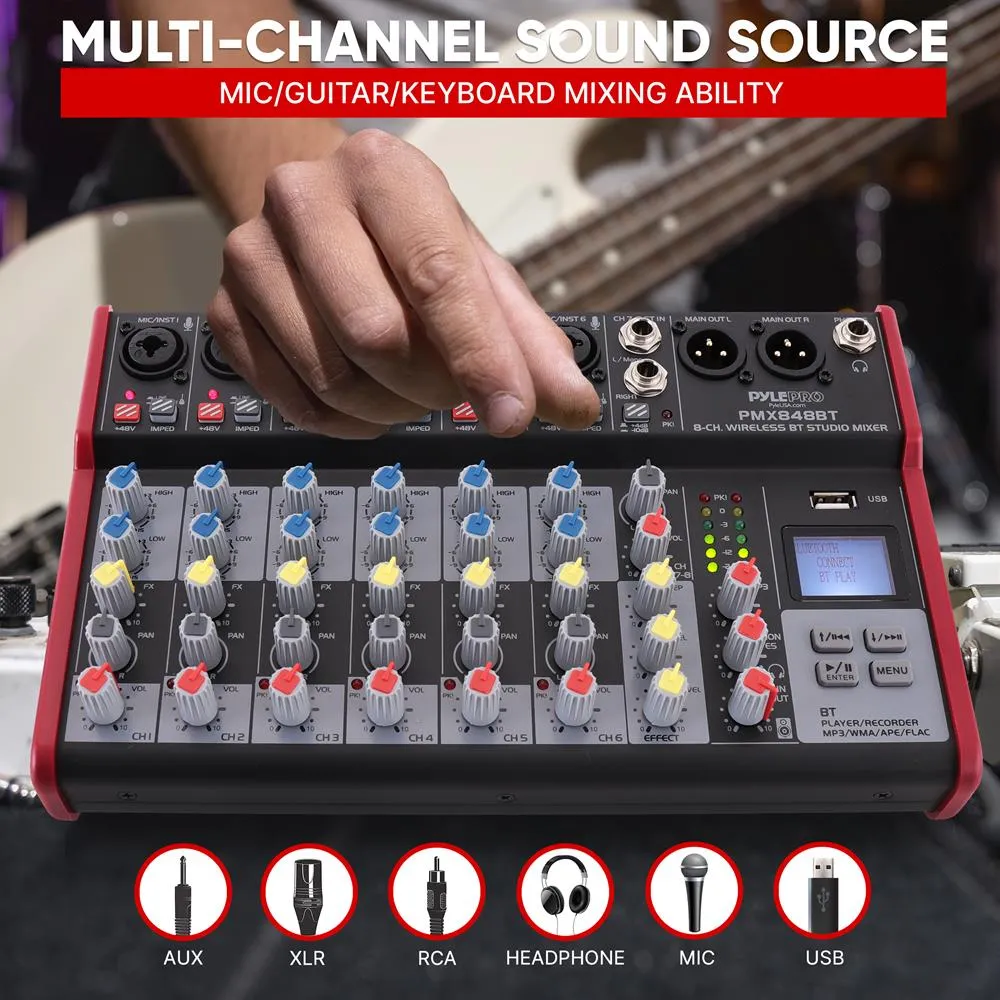 8-Ch. Bluetooth Studio Mixer - Pro Audio Digital Dj Audio Mixer Console ( 48V Phantom Power)