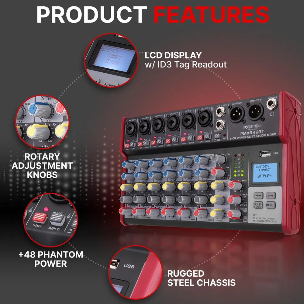 8-Ch. Bluetooth Studio Mixer - Pro Audio Digital Dj Audio Mixer Console ( 48V Phantom Power)