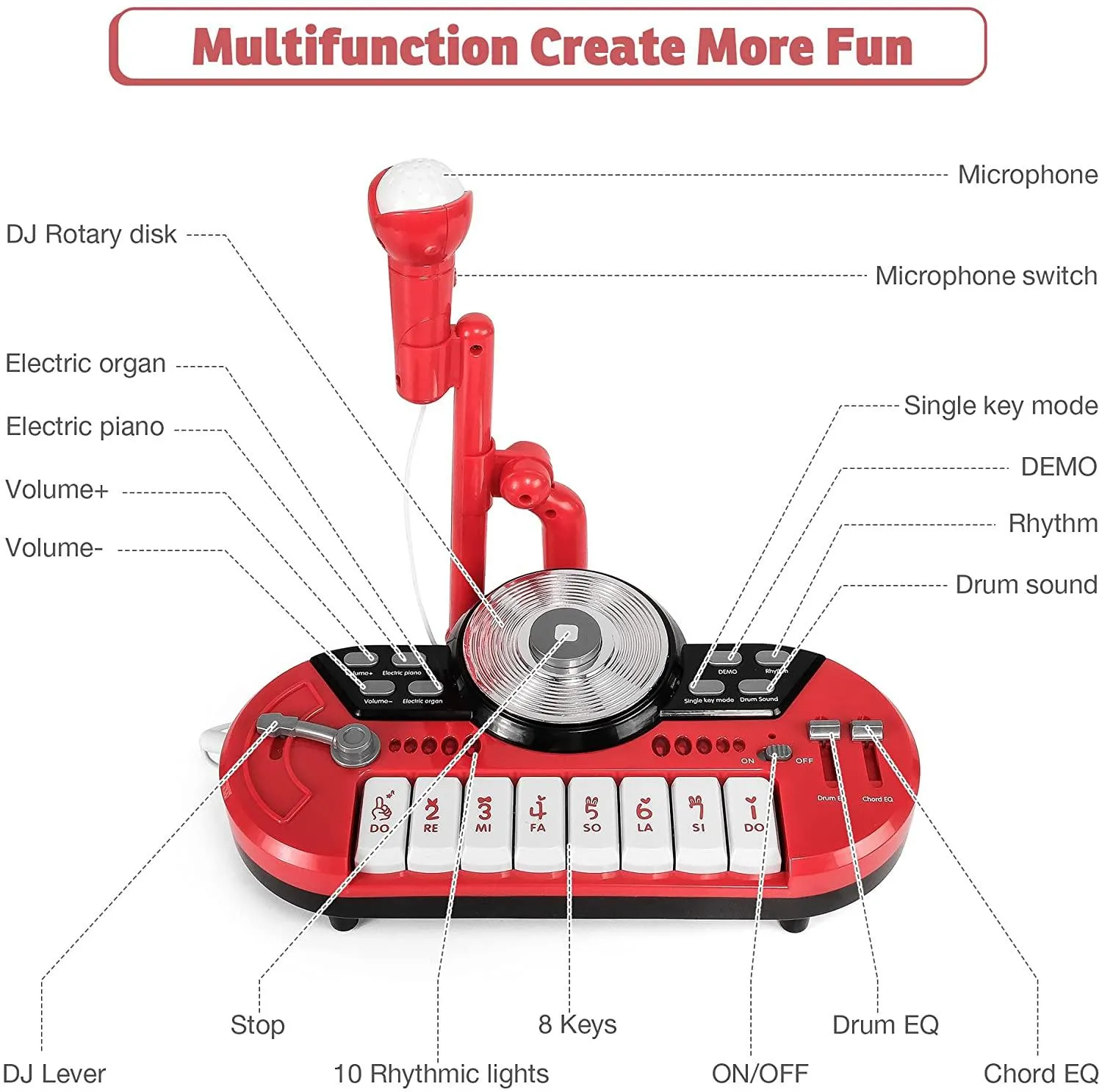 8 Keys Piano Toy Keyboard for Baby & Toddlers with DJ & Microphone, Educational Musical Instruments, Red