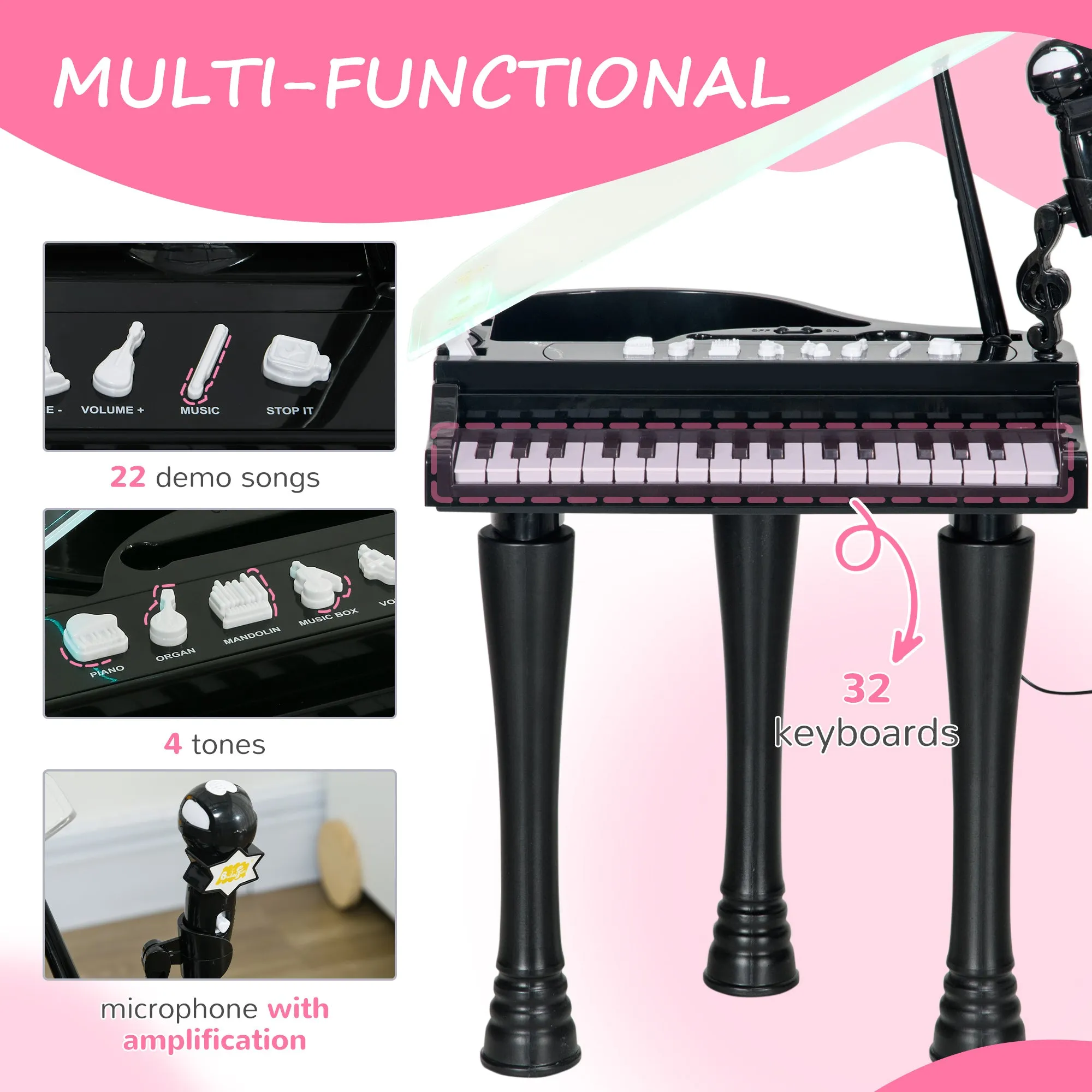 AIYAPLAY 32 Keys Kids Piano Keyboard with Stool, Lights, Microphone, Black