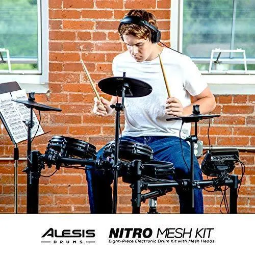 Alesis Drums Nitro Mesh Kit - Eight Piece All Mesh Electronic Drum Kit With Super Solid Aluminum Rack, 385 Sounds, 60 Play Along Tracks, Connection Cables, Drum Sticks & Drum Key Included