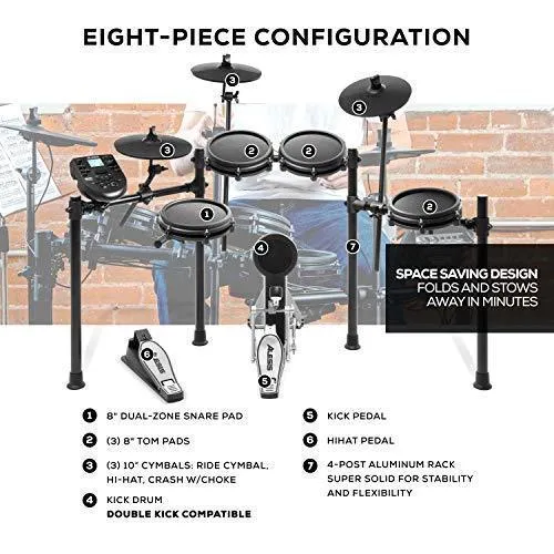 Alesis Drums Nitro Mesh Kit - Eight Piece All Mesh Electronic Drum Kit With Super Solid Aluminum Rack, 385 Sounds, 60 Play Along Tracks, Connection Cables, Drum Sticks & Drum Key Included