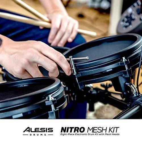 Alesis Drums Nitro Mesh Kit - Eight Piece All Mesh Electronic Drum Kit With Super Solid Aluminum Rack, 385 Sounds, 60 Play Along Tracks, Connection Cables, Drum Sticks & Drum Key Included
