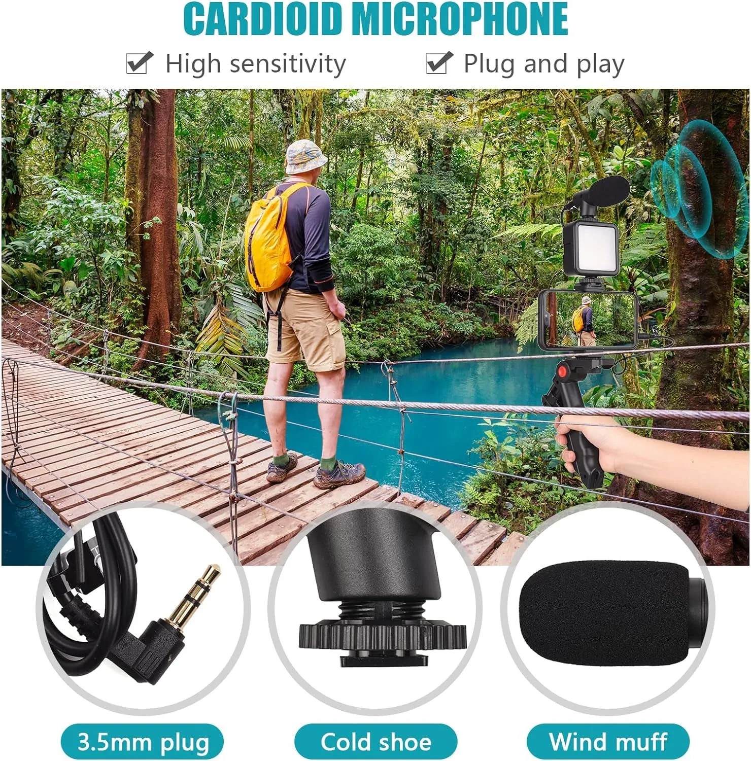 Andoer Smartphone Vlog Kit Mini LED Video Light   Cardioid Microphone   Extendable Phone Clip   Tripod with Adjustable Brightness for Live Stream Vlog Video Shooting Video Conference Selfie