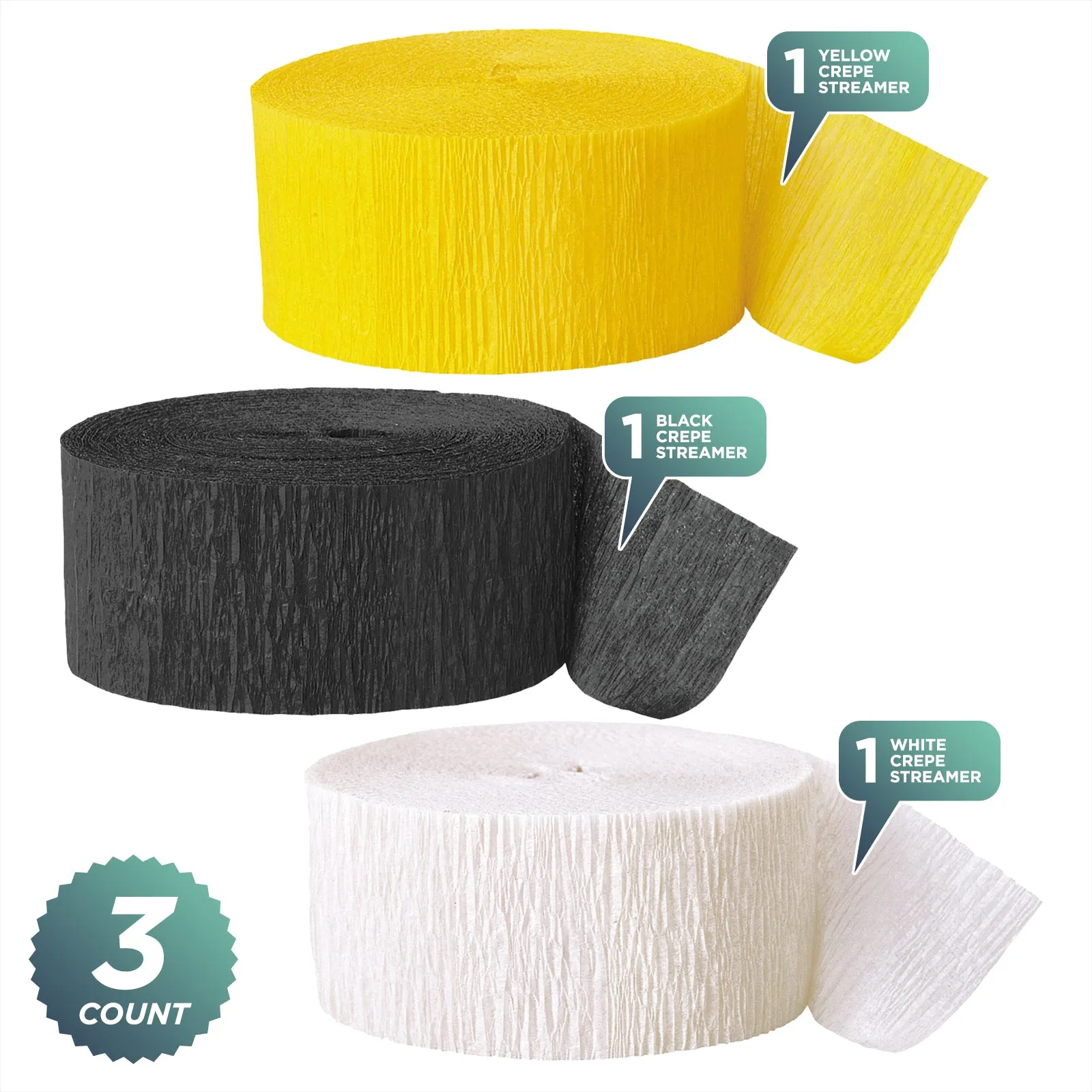 Bee Party Yellow, Black, and White Paper Crepe Streamer Decorations 81 Ft Each (Set of 3)
