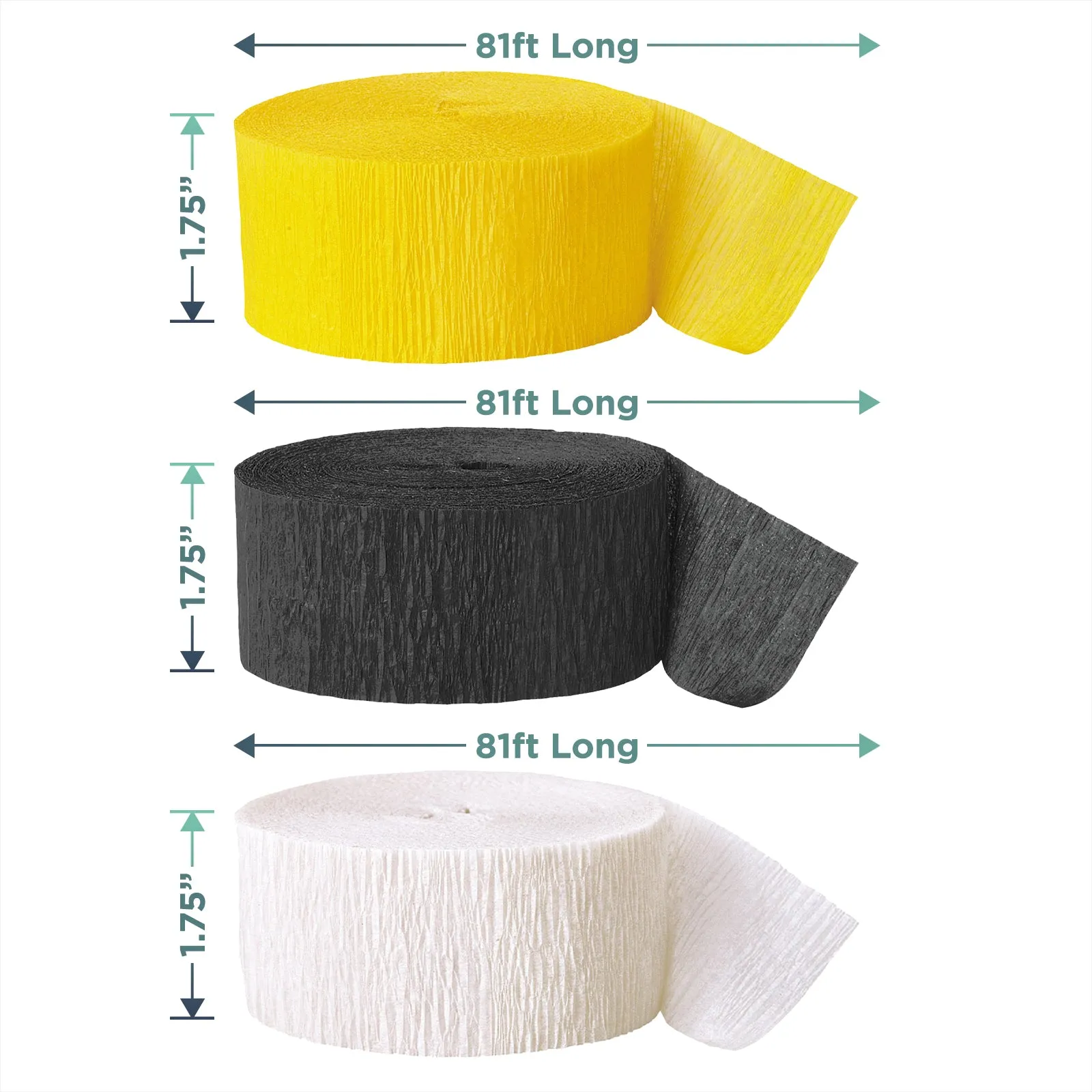 Bee Party Yellow, Black, and White Paper Crepe Streamer Decorations 81 Ft Each (Set of 3)