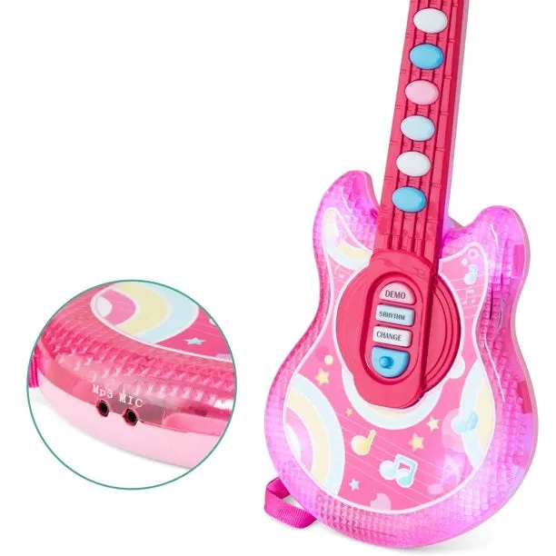 Best Choice Products SKY4920 19in Kids Flash Guitar, Pretend Play Musical Instrument Toy for Toddlers w/ Mic, Stand - Pink