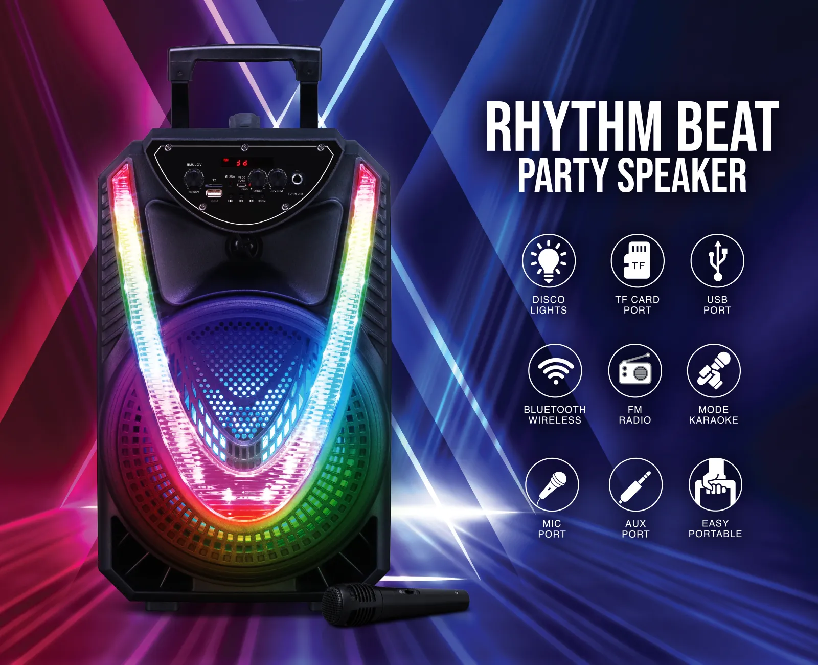 BLD-8 Rhythm Beat 8" Bluetooth Speaker with Disco Lights, Extra Bass & Microphone Input