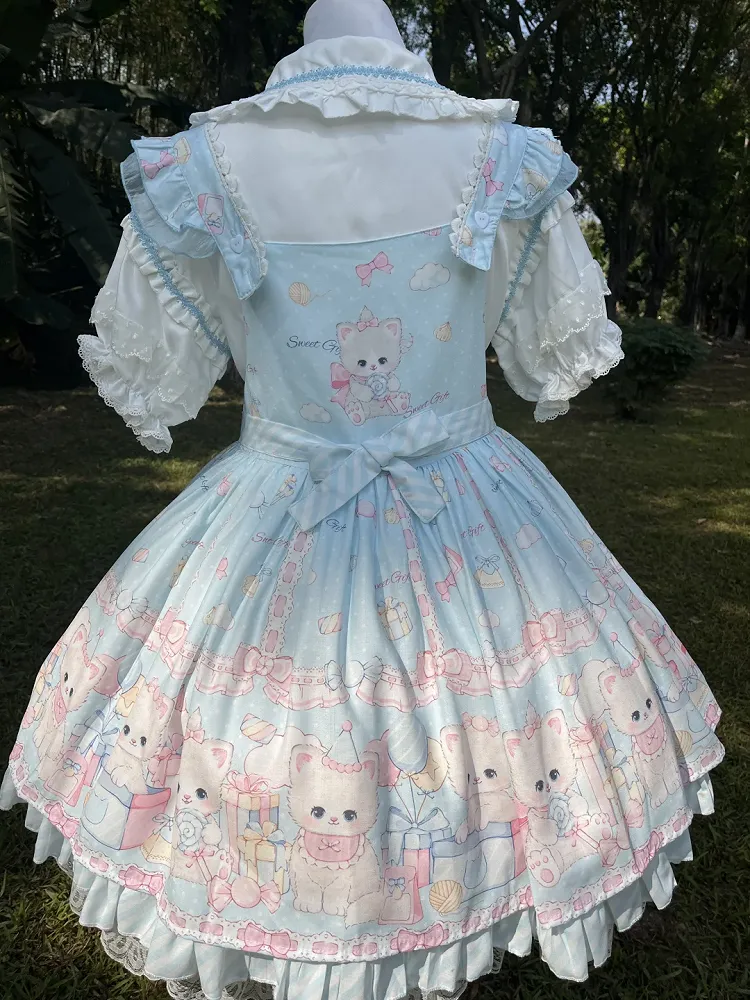 Blue Kitty and Polka Dots Pattern Sweet Lolita Overall Dress