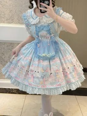Blue Kitty and Polka Dots Pattern Sweet Lolita Overall Dress