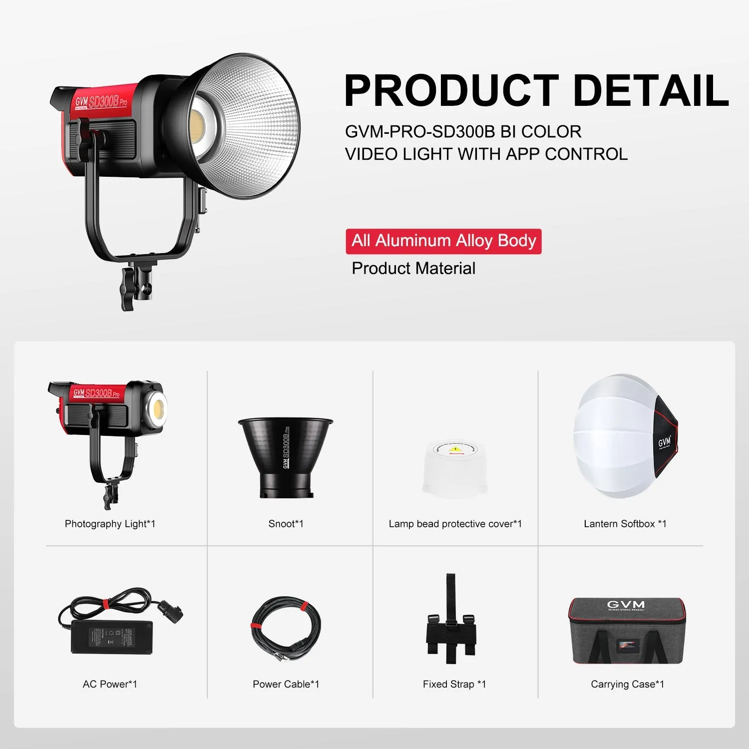 GVM PRO-SD300B 300W Bi-Color Monolight V-mount Mesh Bluetooth