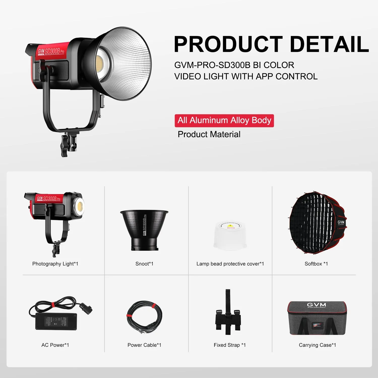 GVM PRO-SD300B 300W Bi-Color Monolight V-mount Mesh Bluetooth