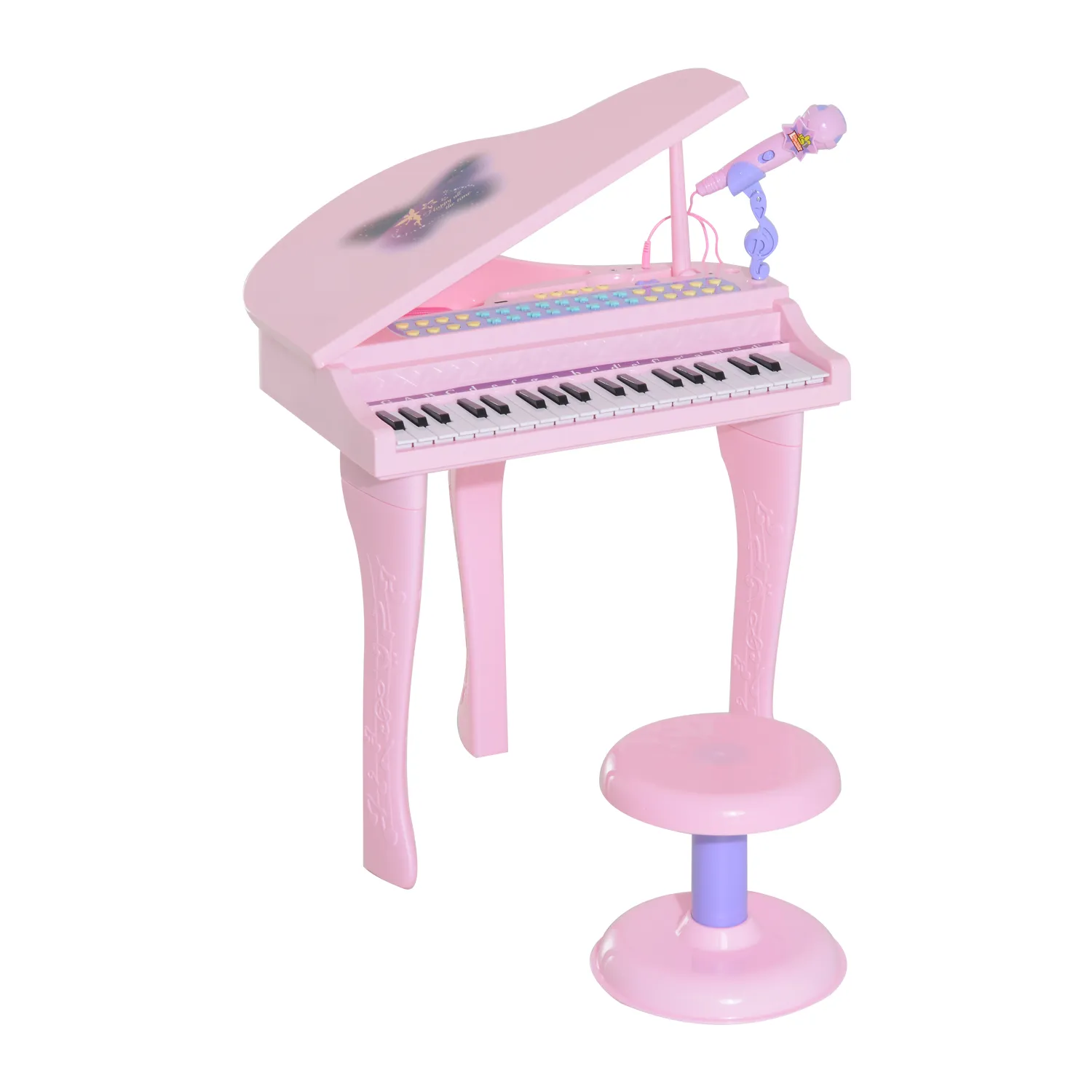 HOMCOM 37-Key Kids Mini Grand Piano with Stool, Microphone, and Lights – Pink Musical Educational Toy